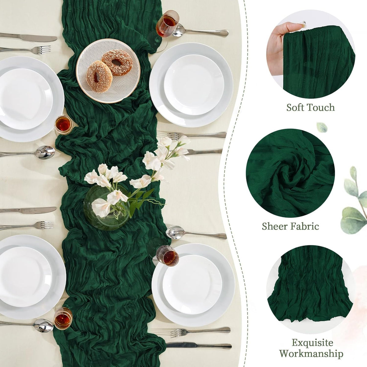 6 Pack Emerald Green Cheesecloth Table Runner 10FT Long Boho Gauze Table Runner Rustic Sheer Runner