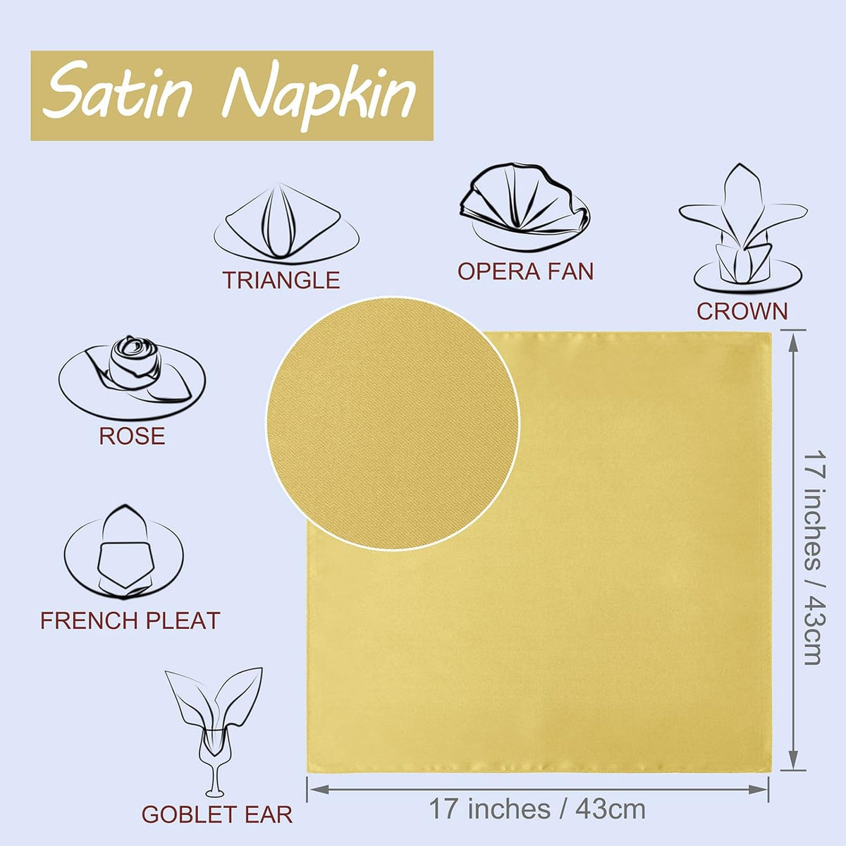Horbaunal 16 Pack Gold Satin Napkins 17 x 17 Inch, Square Soft Table Dinner Napkins, Silky Cloth