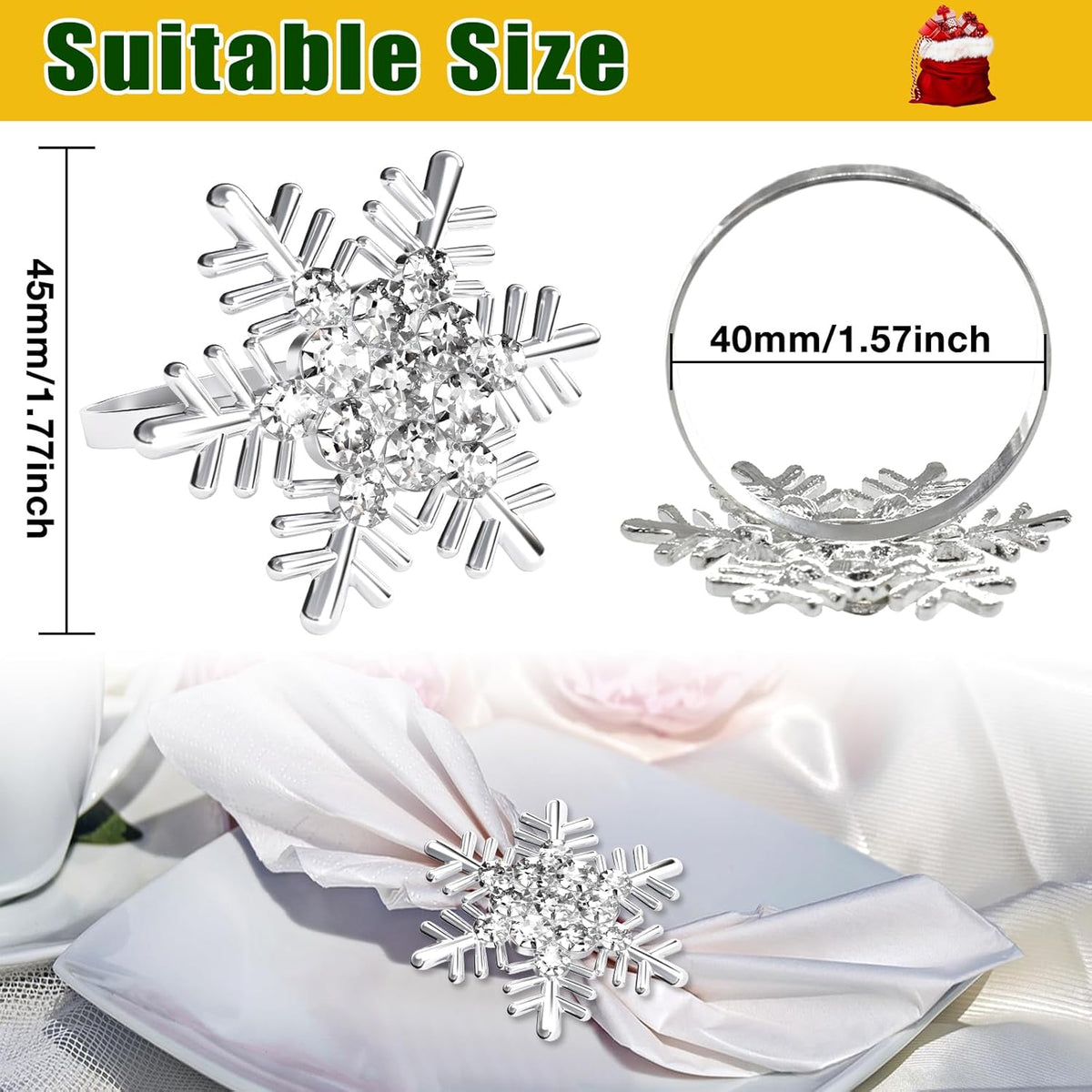 Halatool Christmas Silver Snowflake Napkin Rings Set of 6, Dinner Table Napkin Holder for Christmas