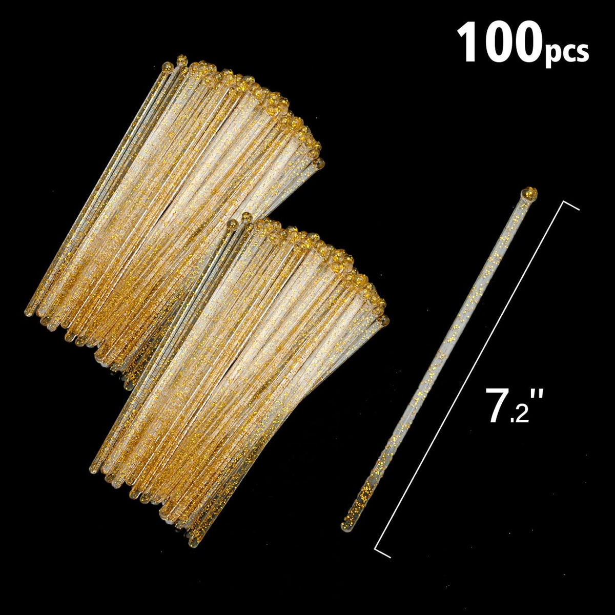 100-PCS Gold Glitter Plastic Swizzle Sticks, Crystal Cake Pops, Cocktail Coffee Drink Stirrers
