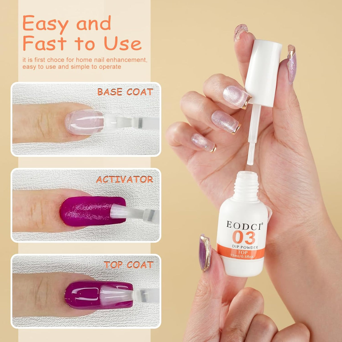 Dip Powder Liquid Set,15ml Large Capacity Dipping Powder System Essential Set with Base & Top