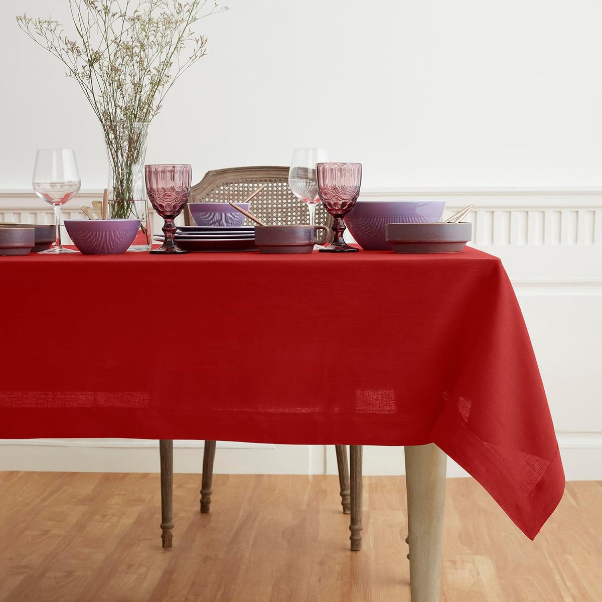Solino Home Linen Red Tablecloth 60 x 102 Inch - 100% Pure Linen Rectangular Tablecloth - Machine