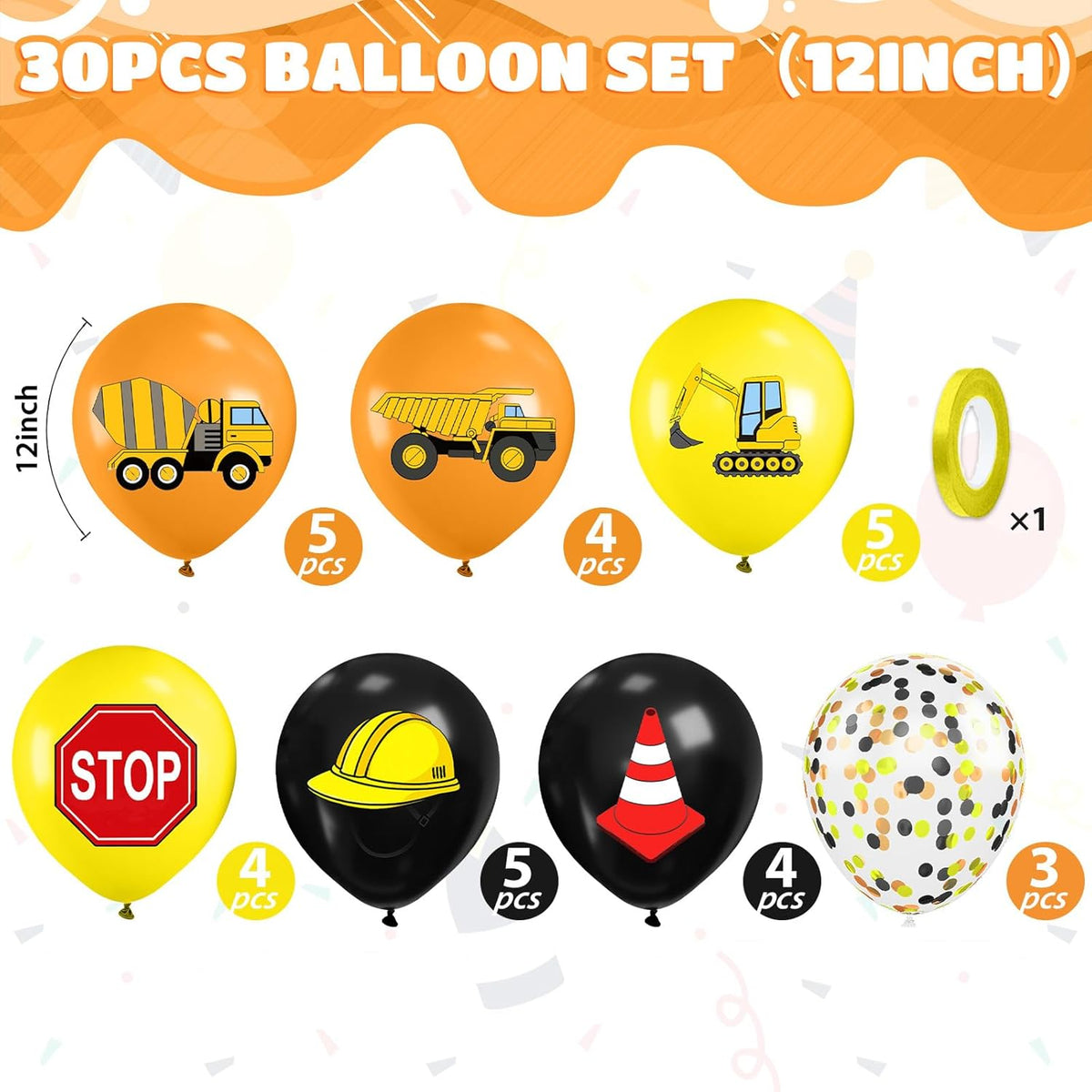 Construction Balloons, 12 Inch Black Yellow Orange Confetti Truck Construction Party Latex Balloons
