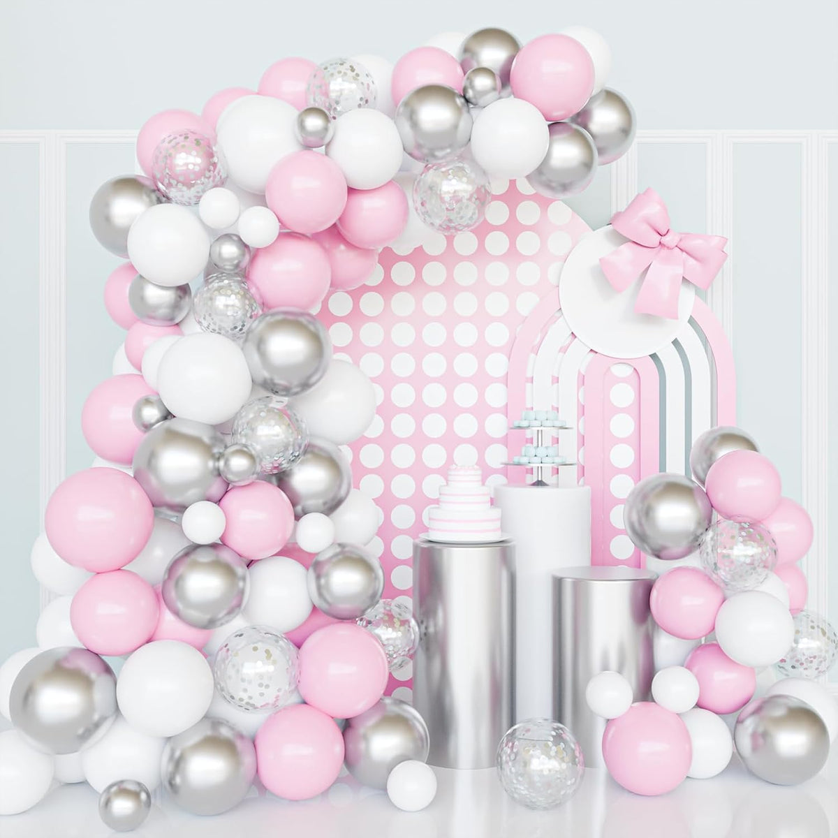 Silver Pink Balloons Garland Kit, 100pcs White and Silver Confetti Metallic Latex Balloons Arch