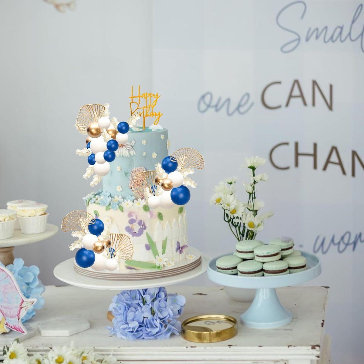 Gyufise 57Pcs Balls Cake Topper Boho Grass Cake topper Pearl Balls Acrylic Happy Birthday Cake