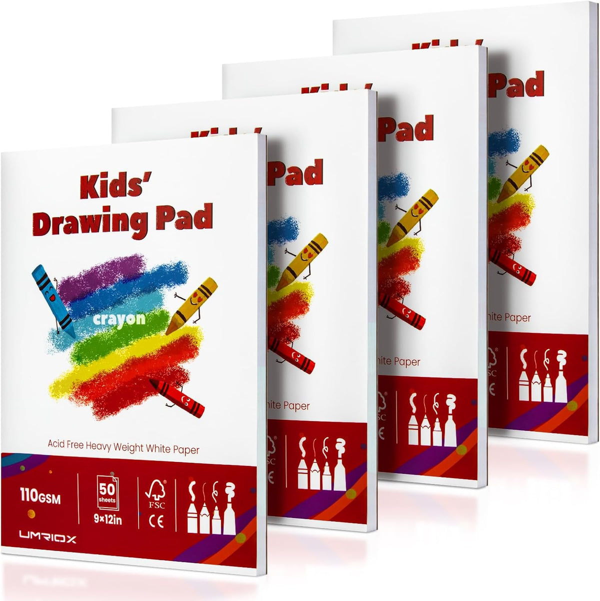 Umriox Drawing Pad for Kids, 9" x 12" Sketch Book, 4-Pack Sketch Pad (50 Sheets Each), 110gsm