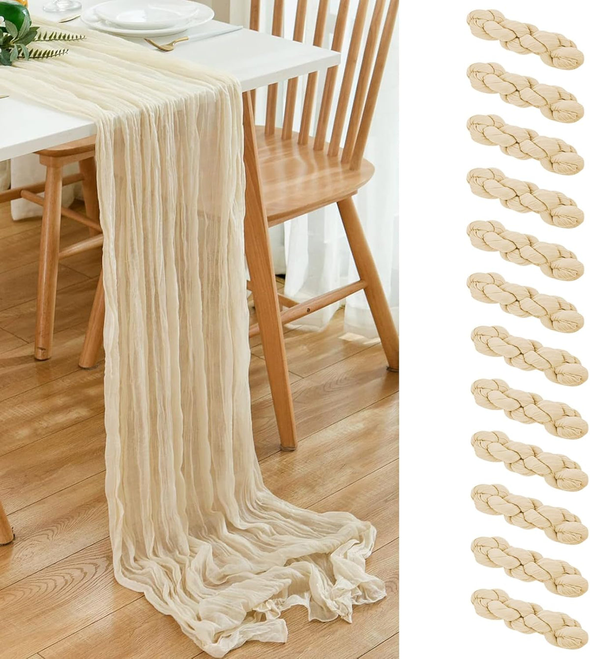 12 Pack Beige 10 Ft Cheesecloth Table Runner 20x121 Inch Boho Wrinkled Sheer Romantic Gauze Decor