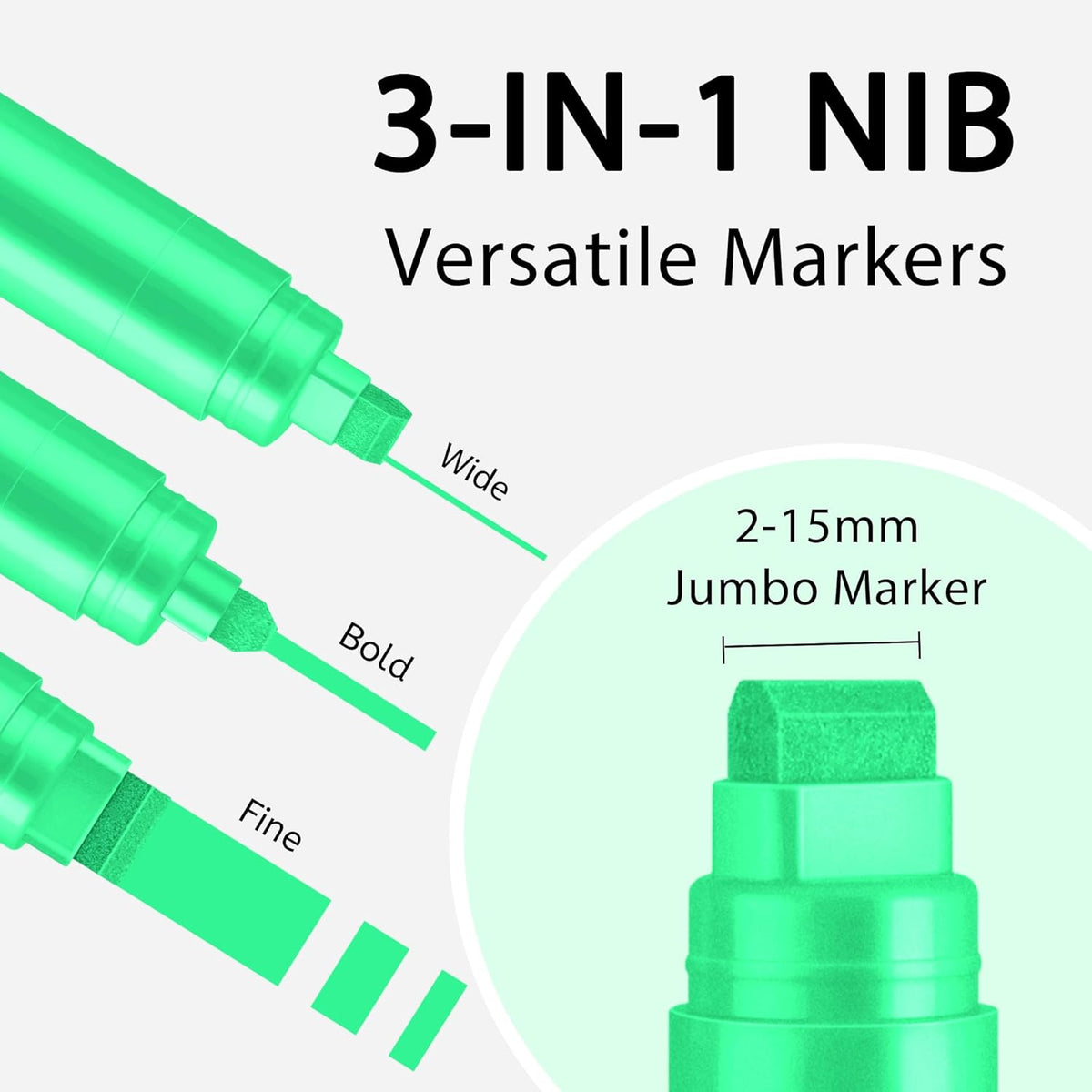 3 Pcs Green Jumbo Permanent Markers: 15mm Wide Tip Thick Acrylic Paint Pen Large Calligraphy Marker