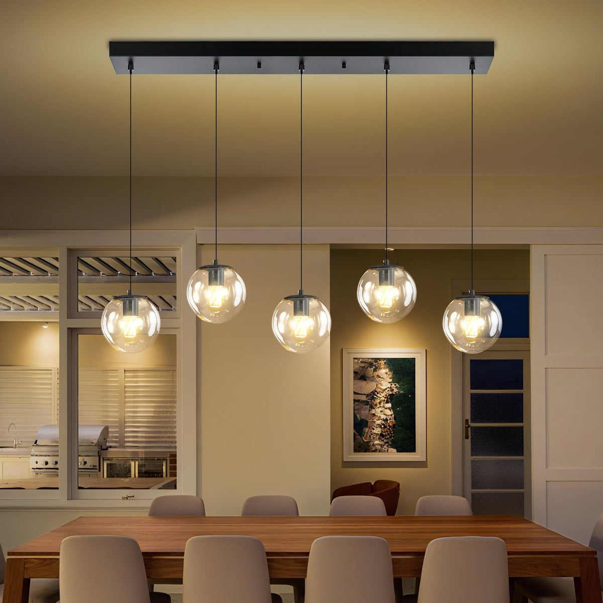 5-Lights Modern Rectangle Chandelier Globe Pendant Light,Black Linear Globe Chandeliers for Dining