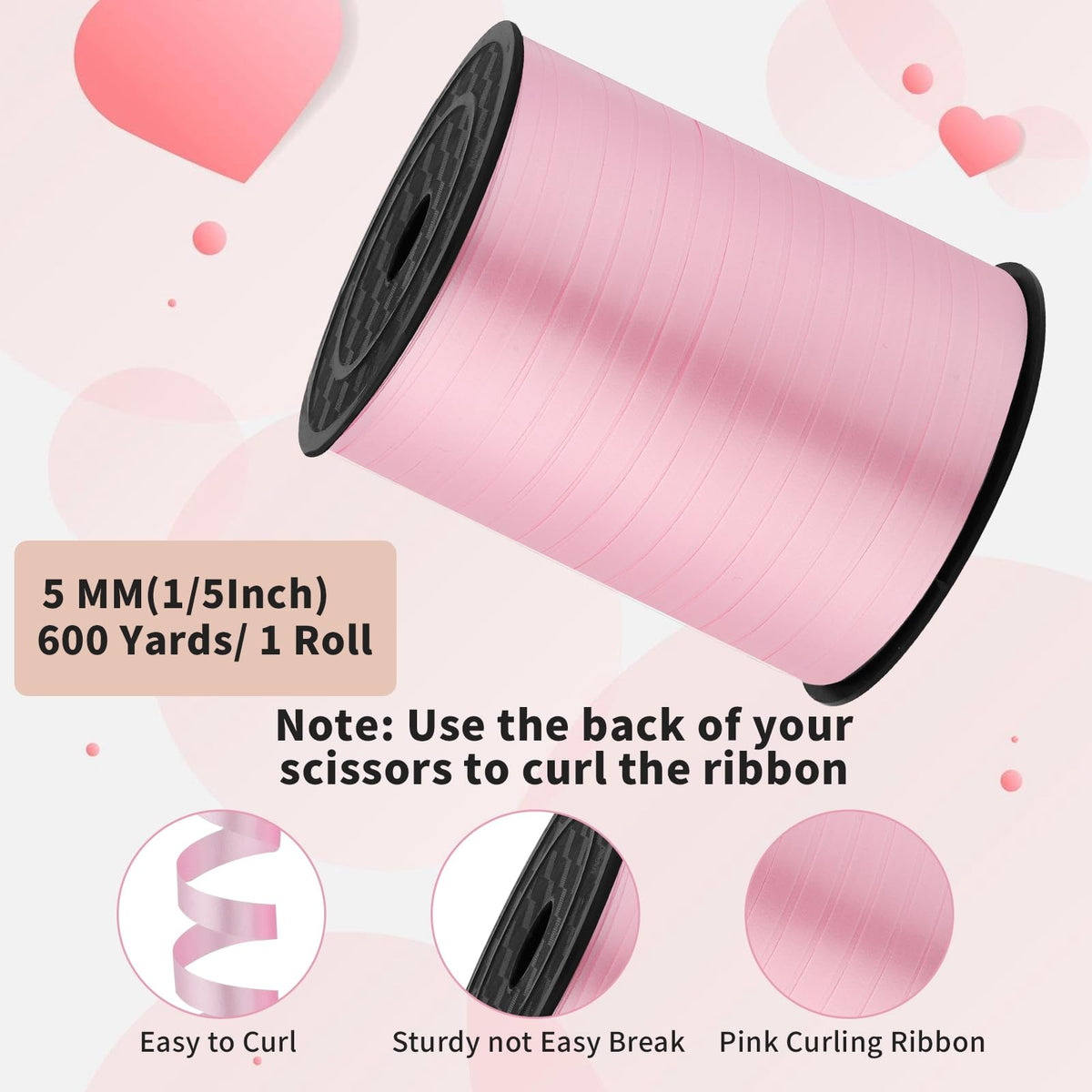 woric 600 Yards Light Pink Curling Ribbon 1/5 Inch Balloon String Ribbon