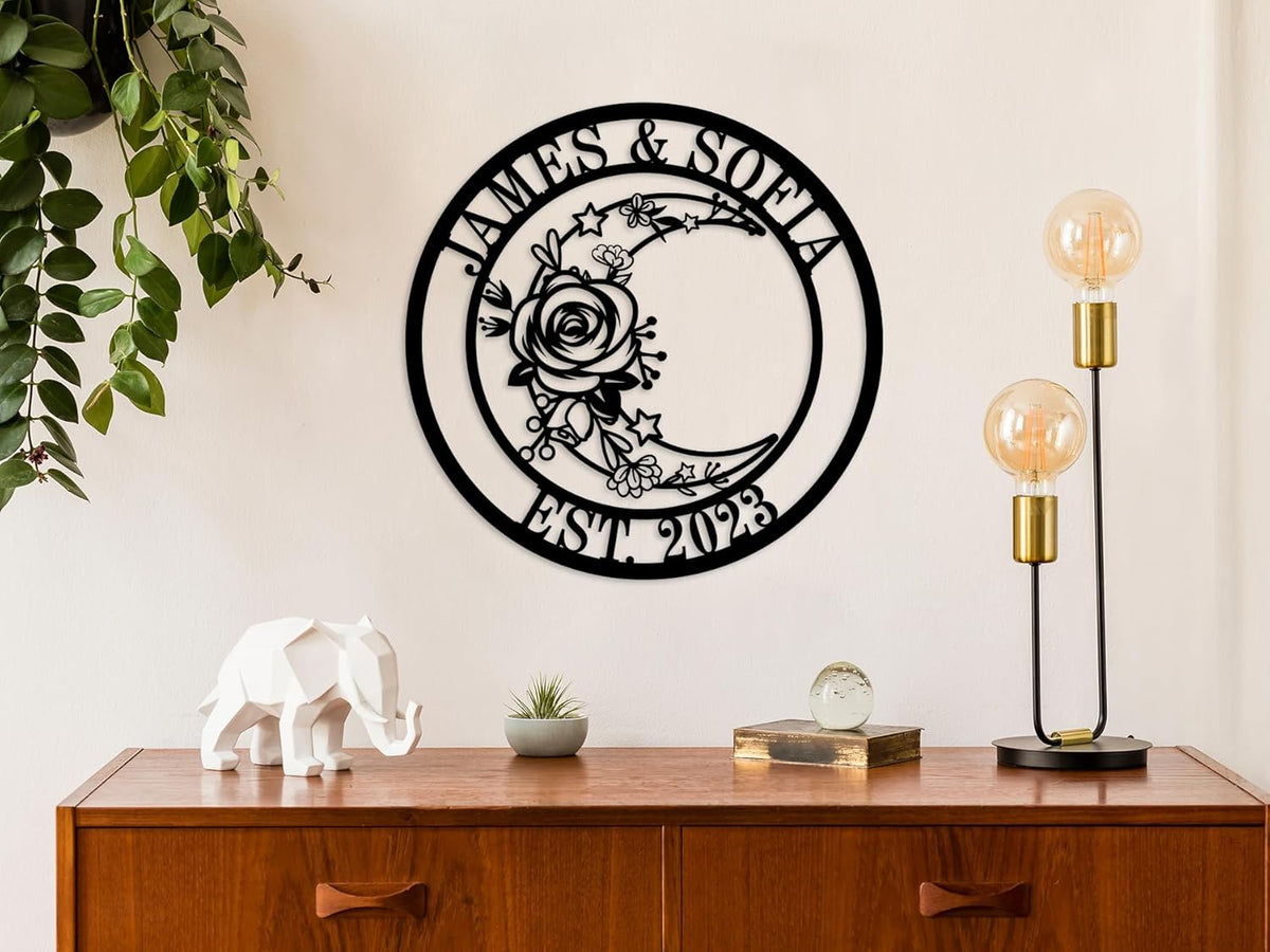 Moon Metal Floral Art Decor Black Boho Large Floral Moon and Star Phase Wall signs for Half Moon