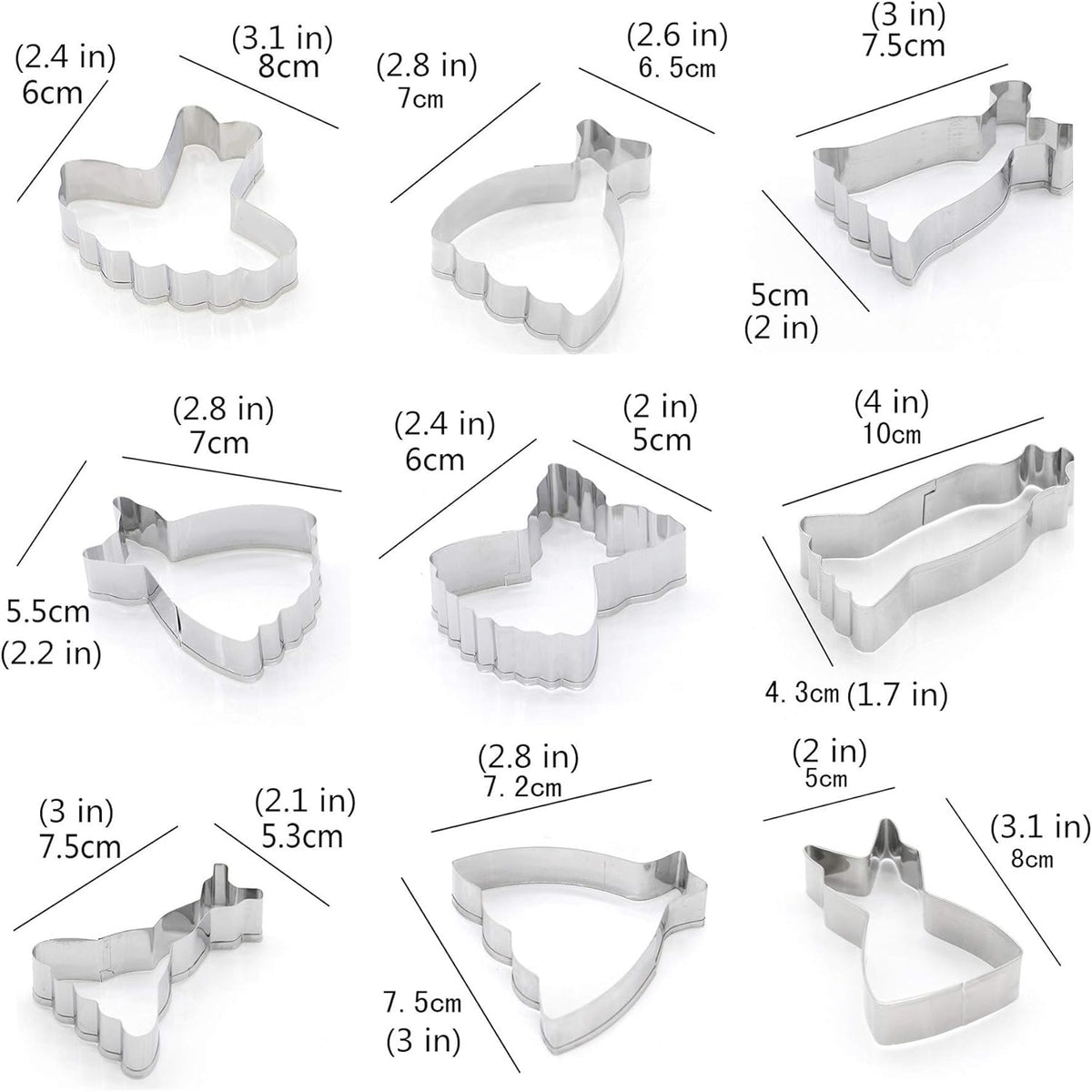 Mini Dress Cookie Cutter Set of 9 pcs, Stainless Steel Mini ONE-BITE SIZE Wedding Dress Shaped