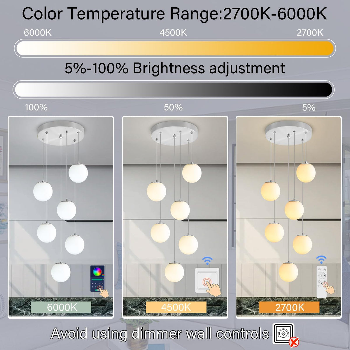 H 87in Globe Pendant Light 6-Lights Modern Hanging Chandelier for Kitchen Island Silver Globe