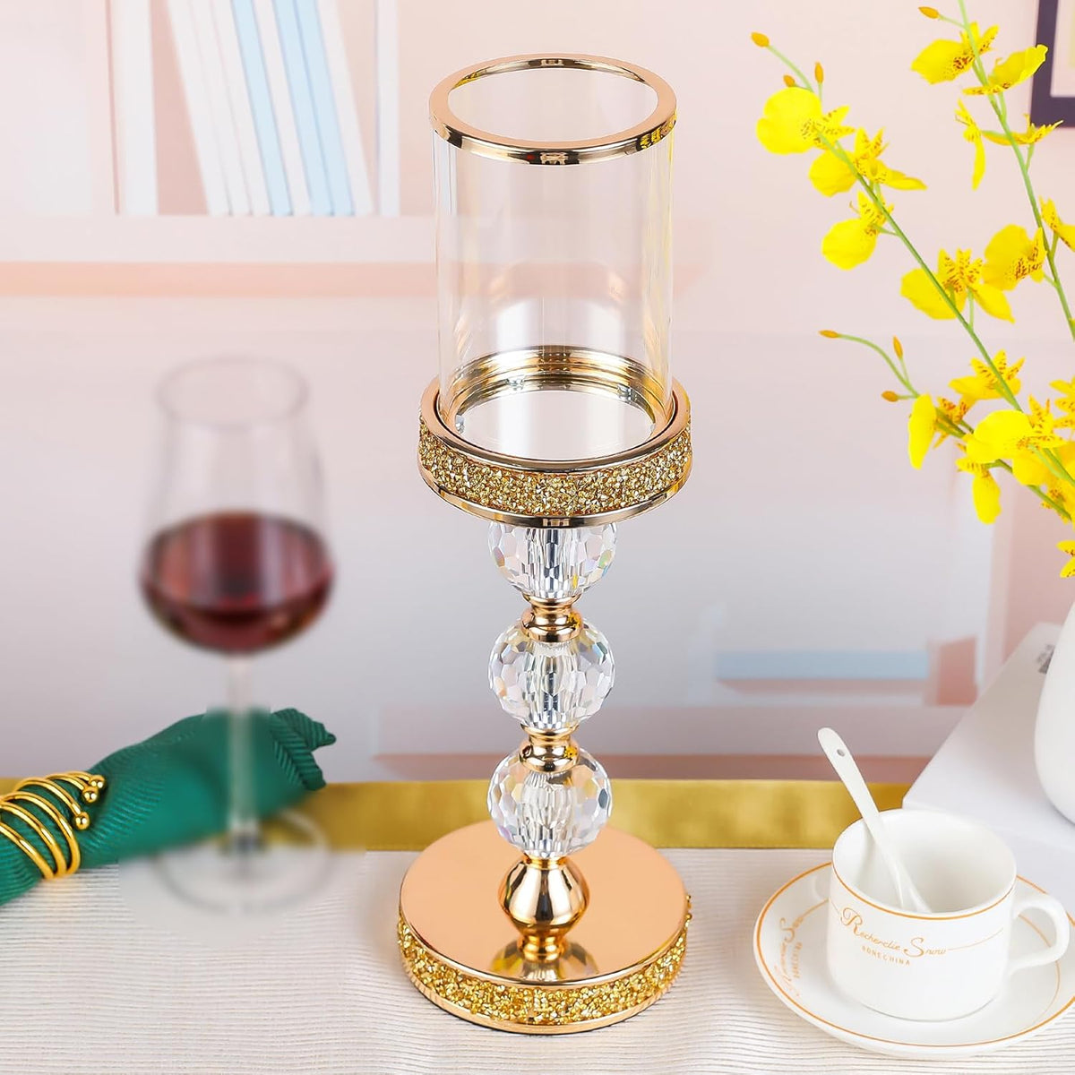 Hurricane Glass Candle Holders, Gold Pillar Candle Holders for Pillar Candle, Magnetic Glass Cover