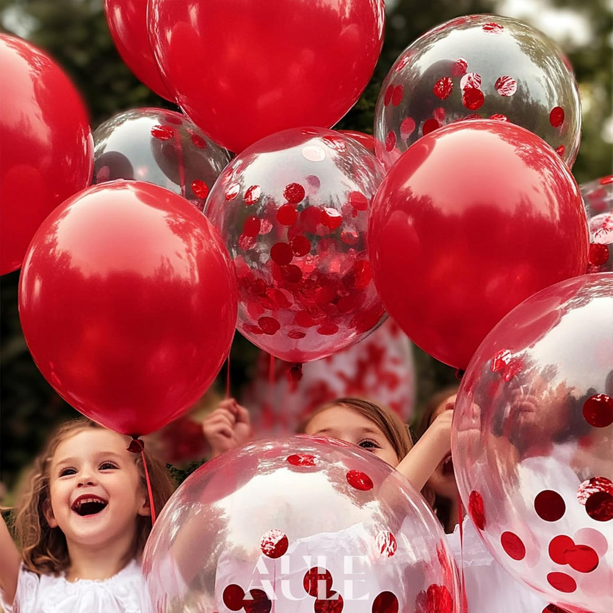 AULE Party Balloons Pack of 42-12in Red Confetti Balloons & Red Latex Balloons and 64ft Ribbons