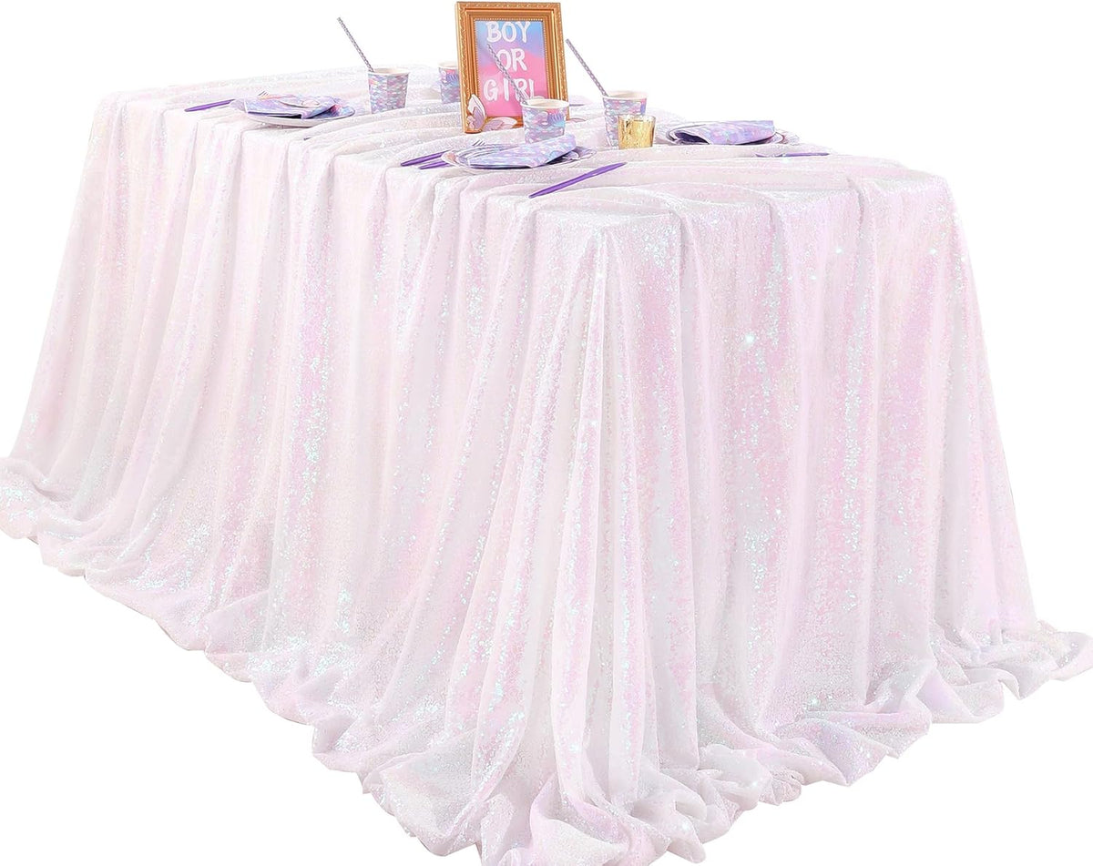 QueenDream Iridescent Mermaid Themed Party Decorations: 90x90 Inch Sequin Table Cloths White
