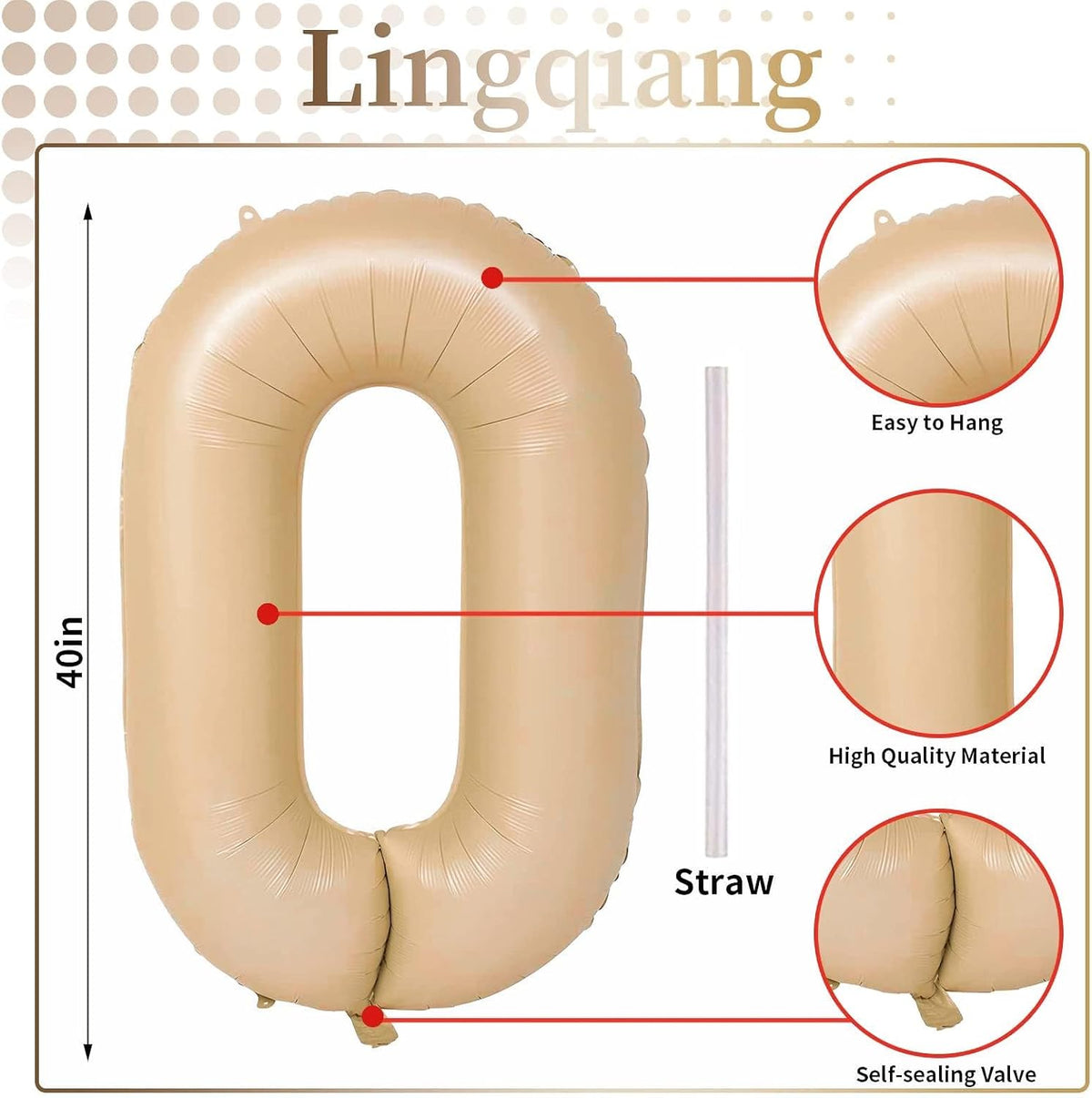 Nude 0 Balloons, 40 Inch Large Tan Foil Number Balloons Set 0-9, Self Inflating Digital 0 Helium
