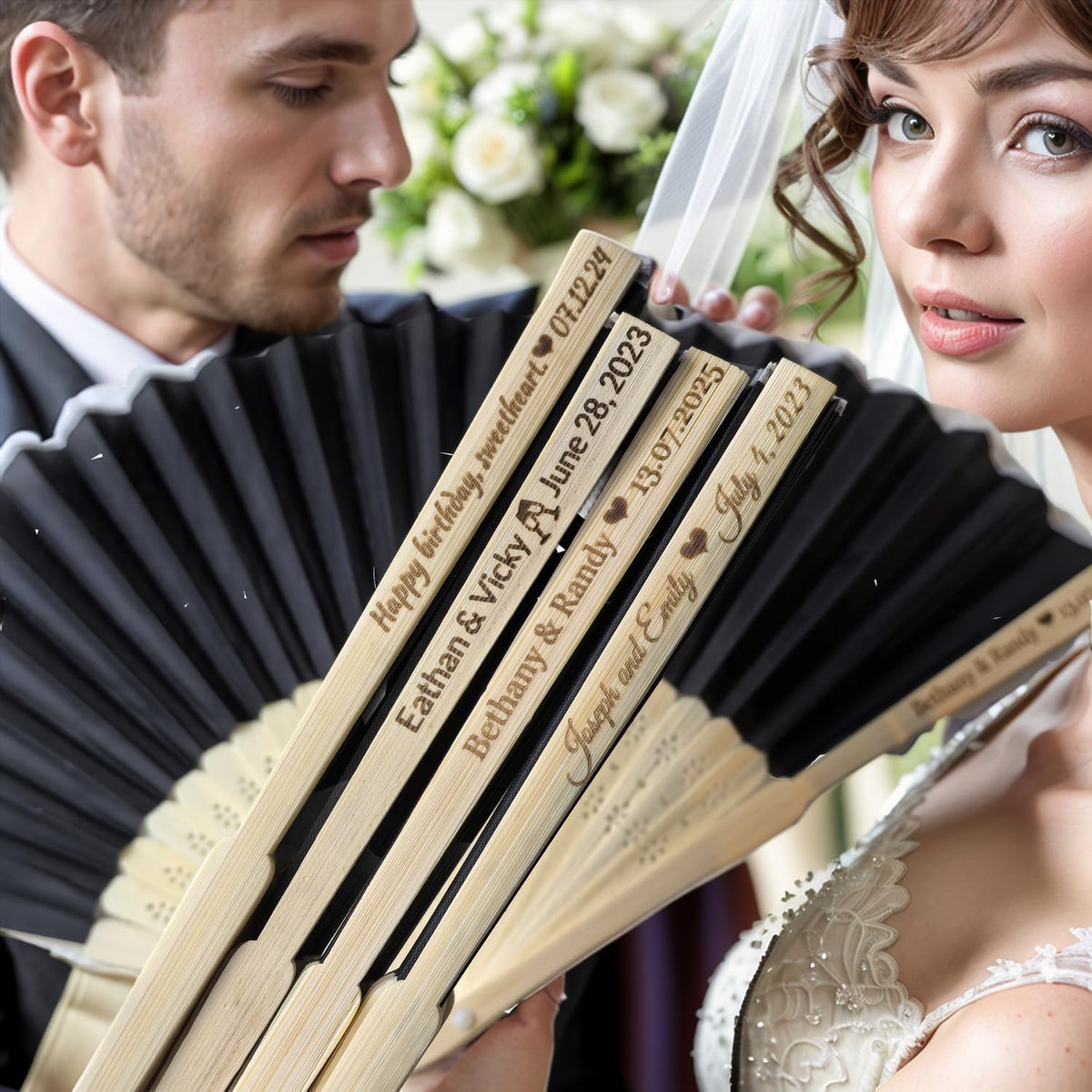 128Pcs Personalized Silk Fans Folding Hand Fan, Custom Wedding Bridal Party Favors, Summer Wedding