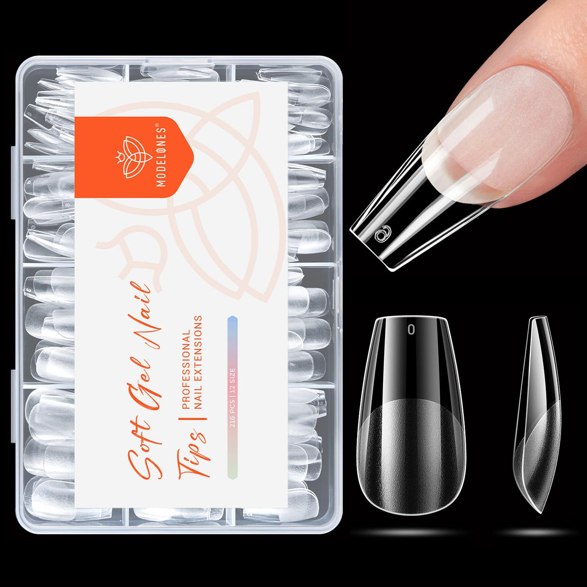 modelones Medium Coffin Nail Tips, Pre-shaped Soft Gel Tips Fake Nails False Acrylic Clear Full