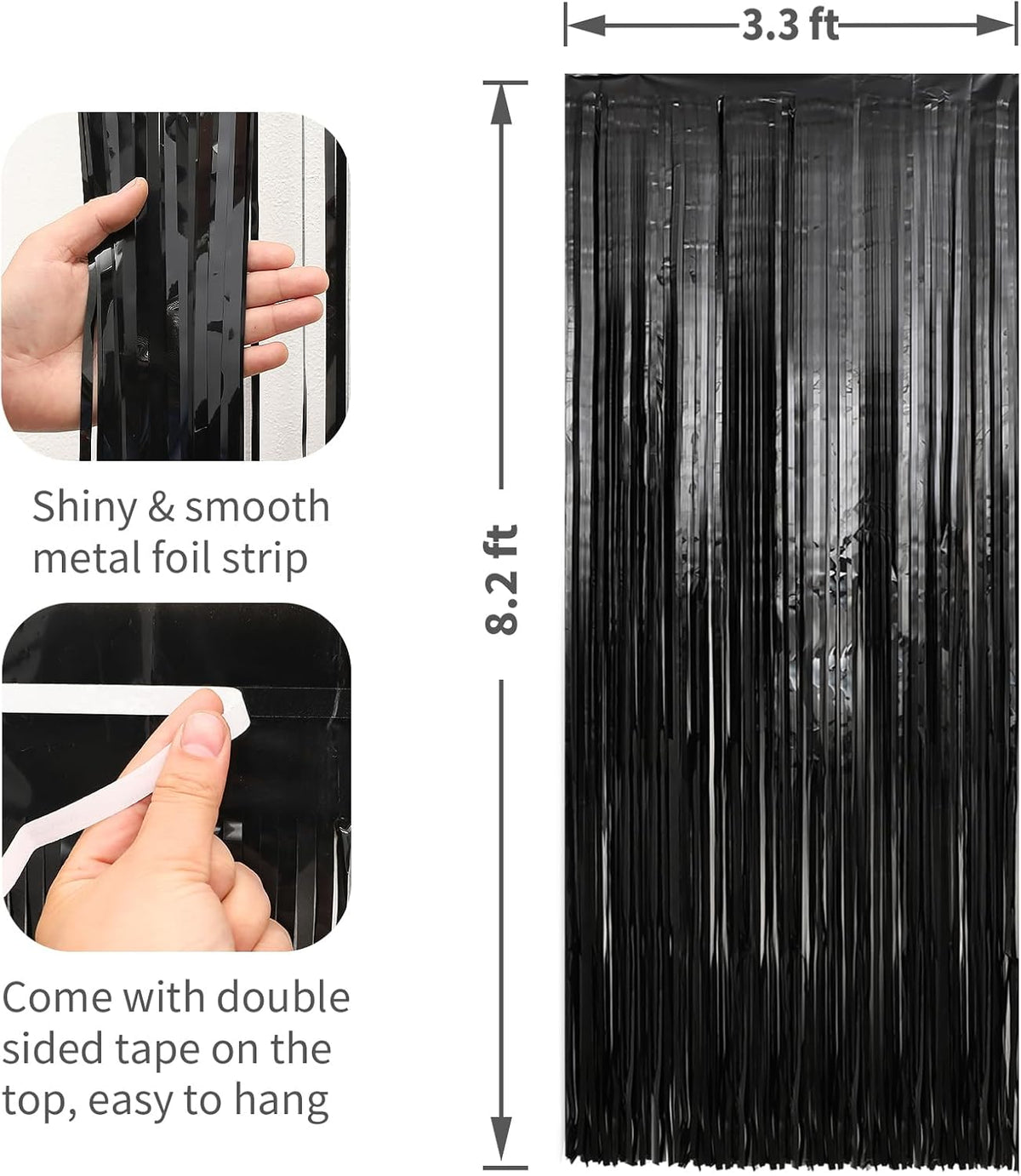 6 Pack Black Foil Fringe Curtains Streamers Party Decorations 3.3 x 8.2 ft, Black Tinsel Curtain