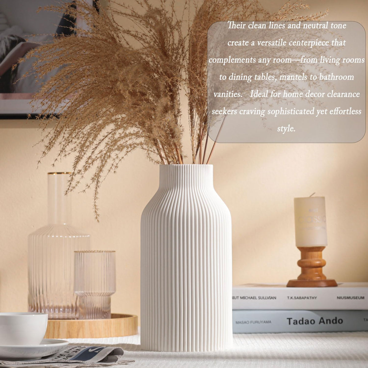 10 Inch White Ceramic Vase for Decor,Minimalist Modern Home Decorative Large Flower Vase for Pampas
