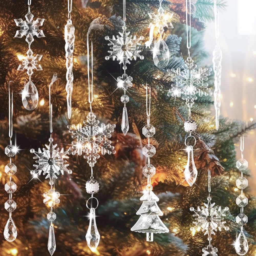 Lanpn 26PCS Christmas Ornaments Crystal Christmas Tree Decoration, Hanging Clear Acrylic Snowflake