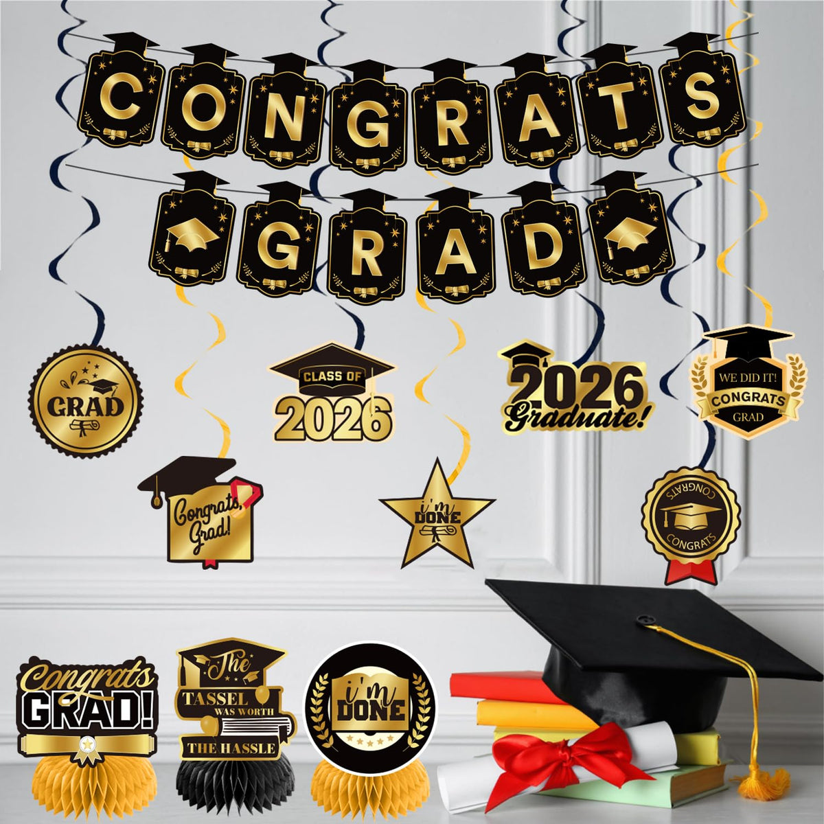 Graduation Decorations 2026 Gold Themed Set - Congrats Grad Banner, Class of 2026 Backdrop