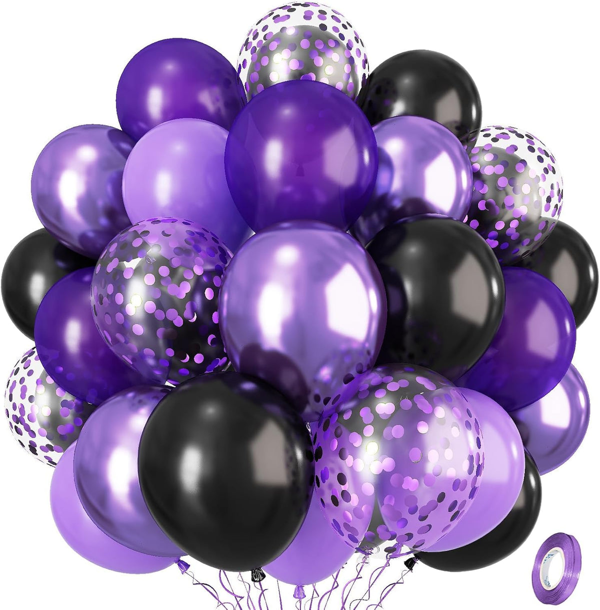 Purple Black Balloons, 12 Inch Dark Purple Light Balloons with Metallic Purple Confetti Latex
