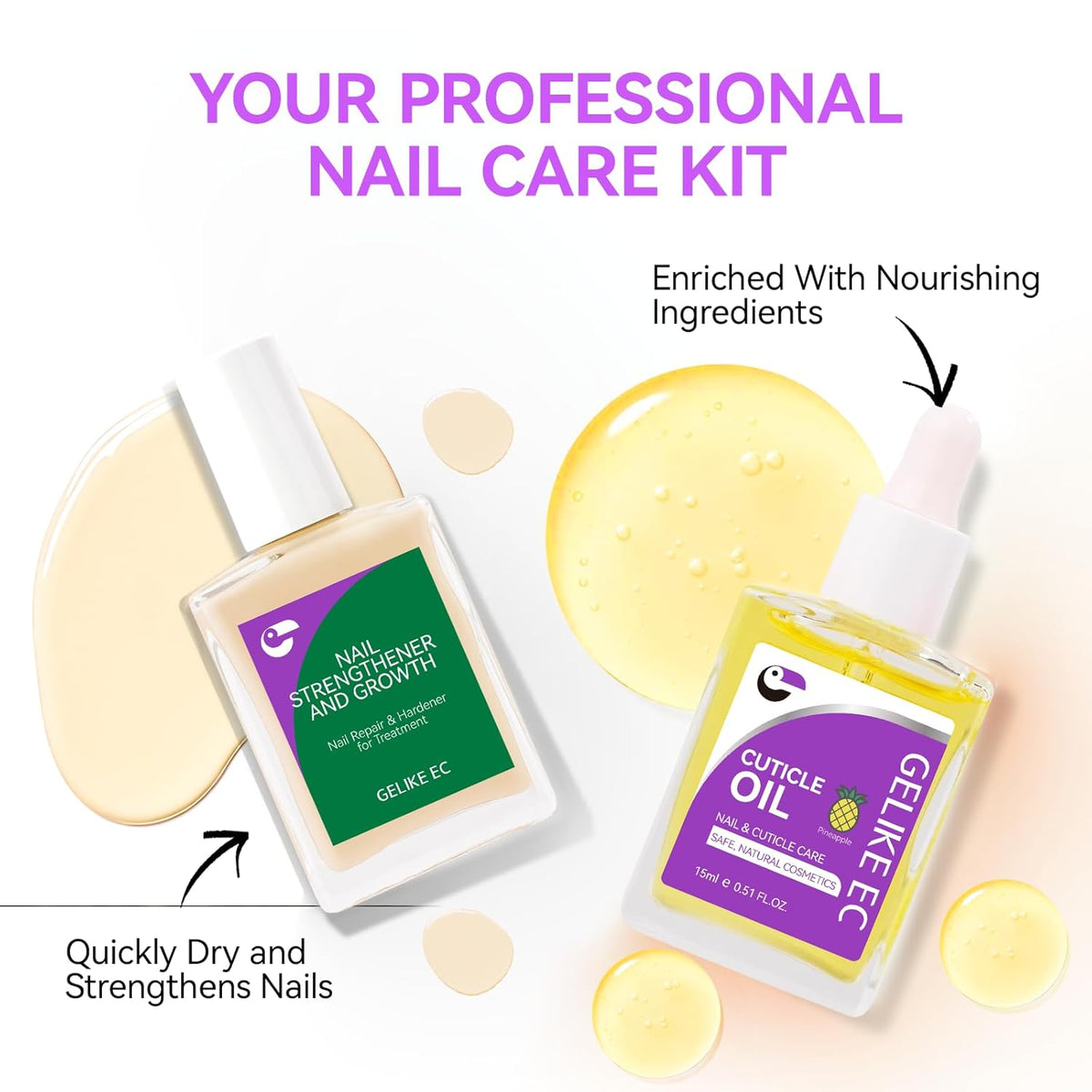 Gelike EC 2-in-1 Nail Rescue Kit: Apricot Nail Ridge Filler & Pineapple Cuticle Oil (15ml)
