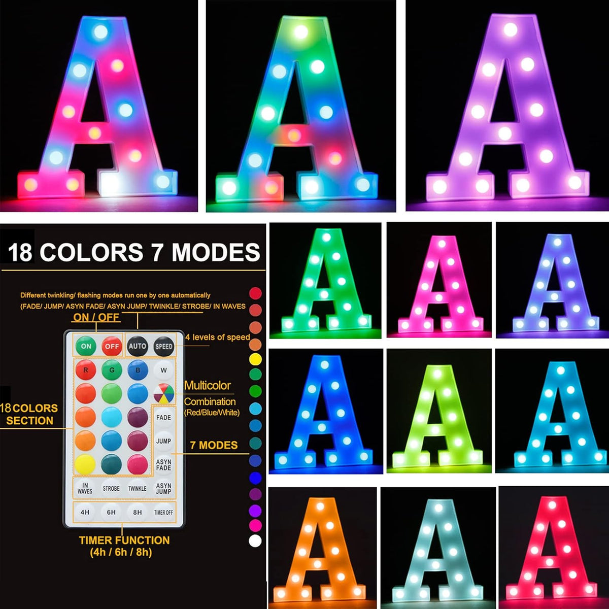 Light Up Colorful LED Marquee Letter lights, 18 Colors Changing Alphabet Letters Sign with Remote