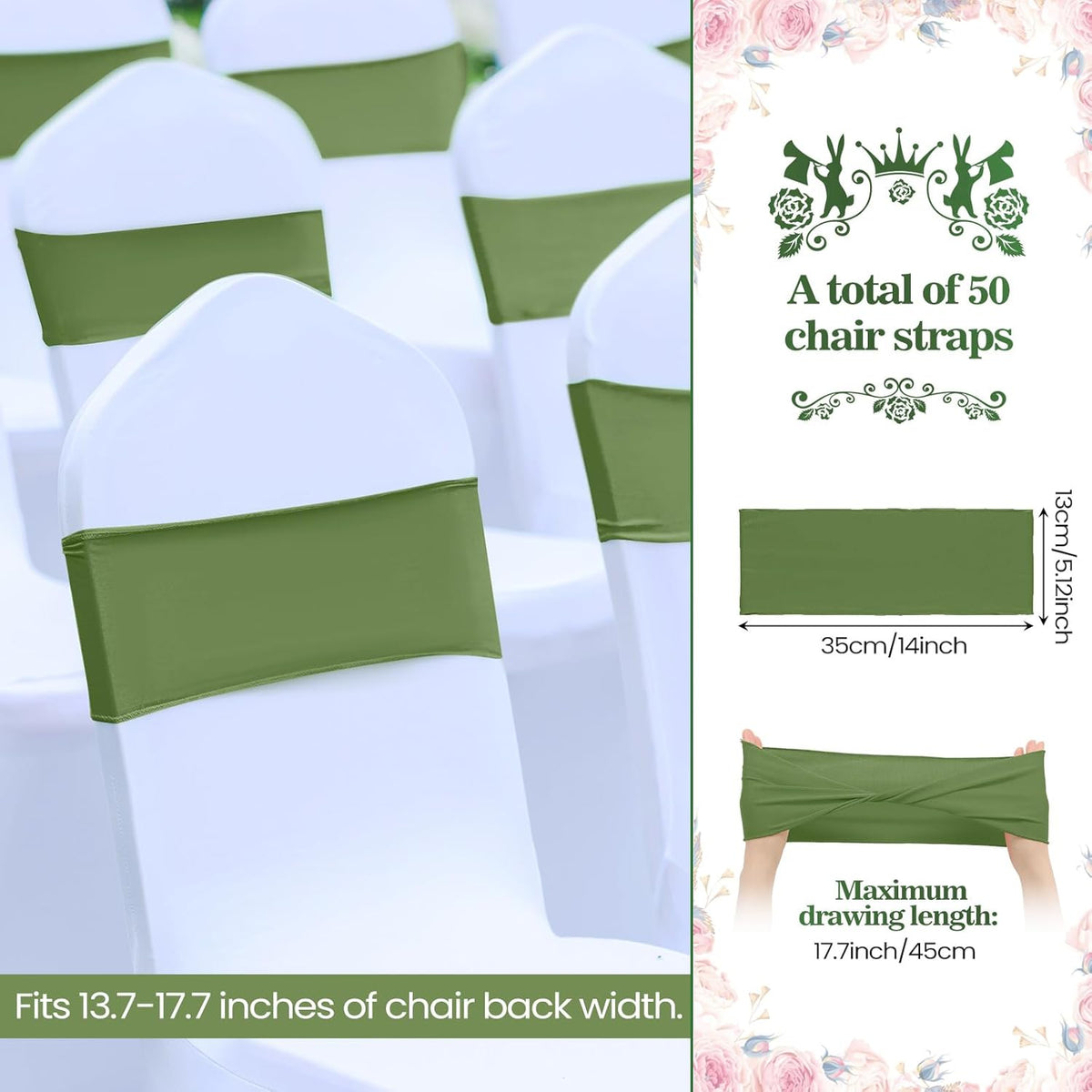 Kinlop 50 Pcs Spandex Chair Sashes Bows Chair Bands Slider Sashes for Covers Elastic Bands Ties