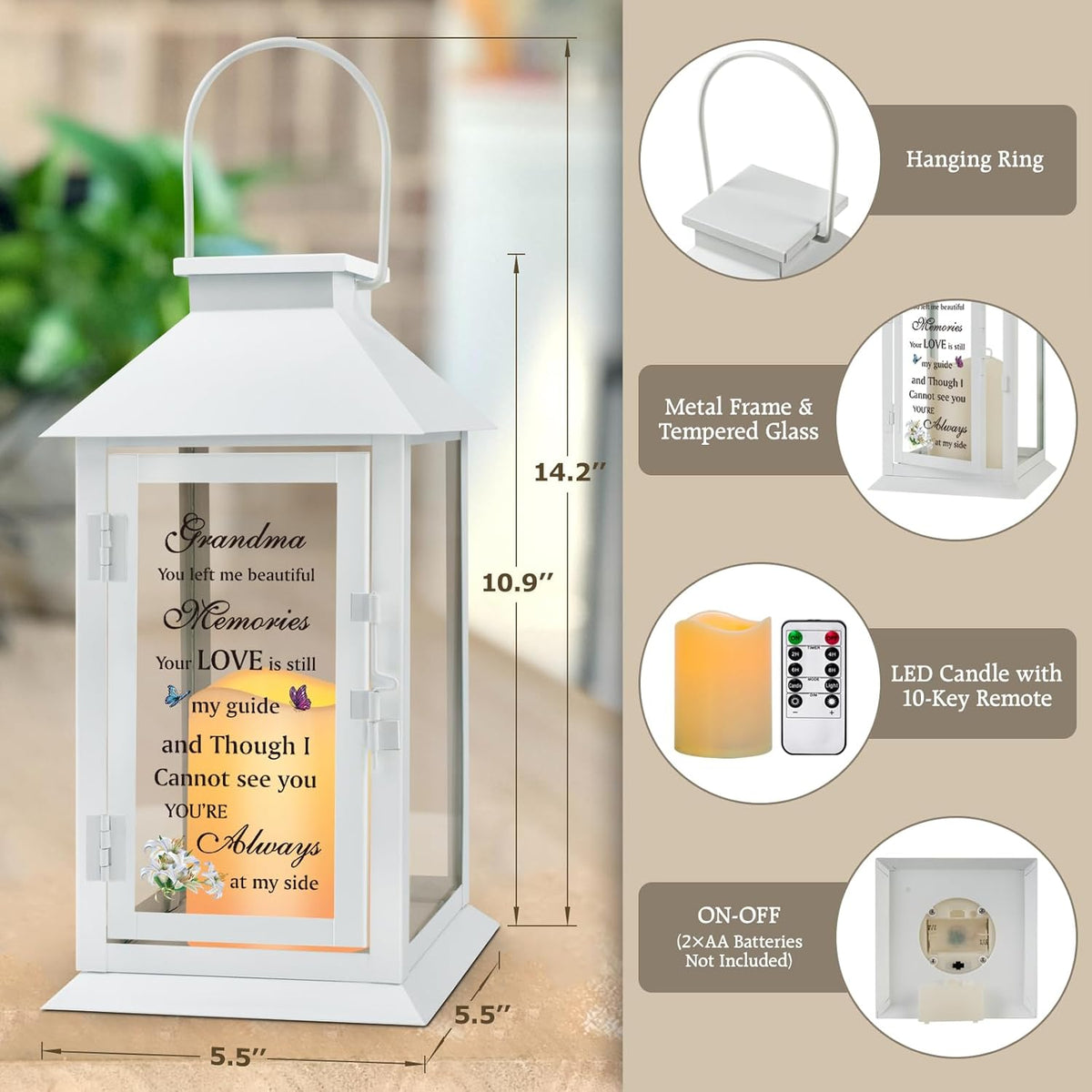 Memorial Lantern for Grandmother's Remembrance with LED Candle