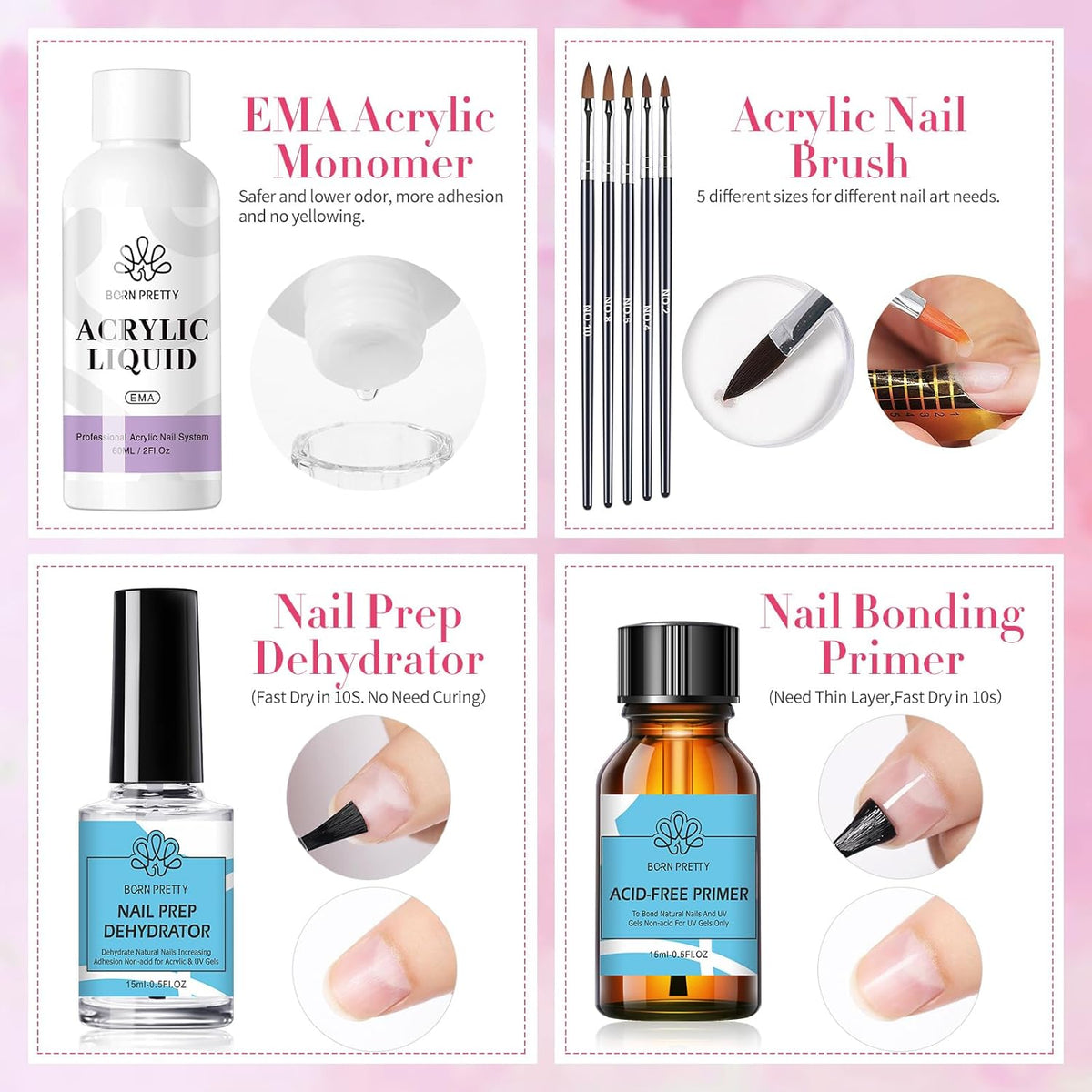 BORN PRETTY Acrylic Nail Kits Full Set,87PCs Pink White Clear Glitter Grey Acrylic Powder and