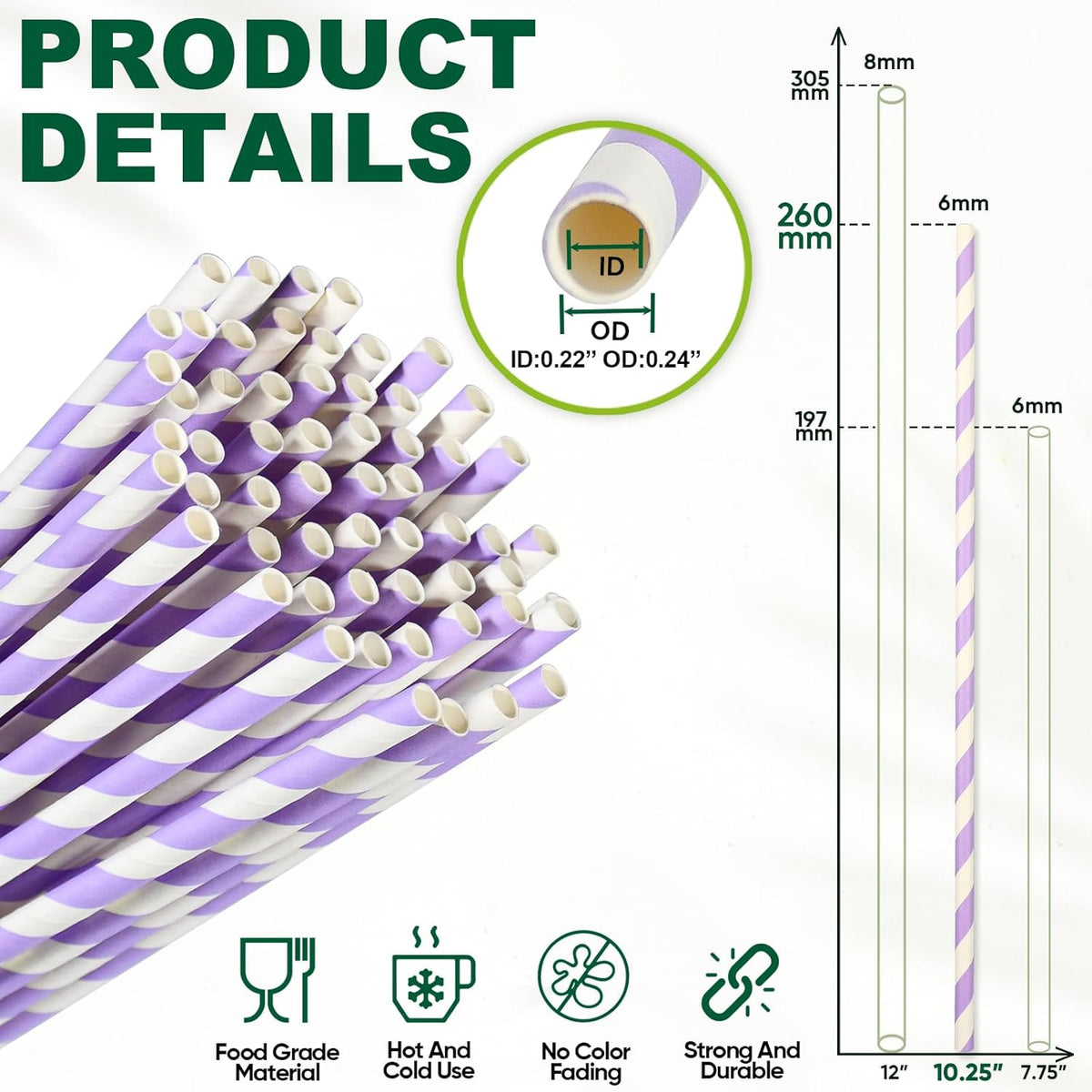 Compostable Paper Drinking Straws 10 Inch Long, for 20oz to 32oz Tumblers - Purple, Pack of 100