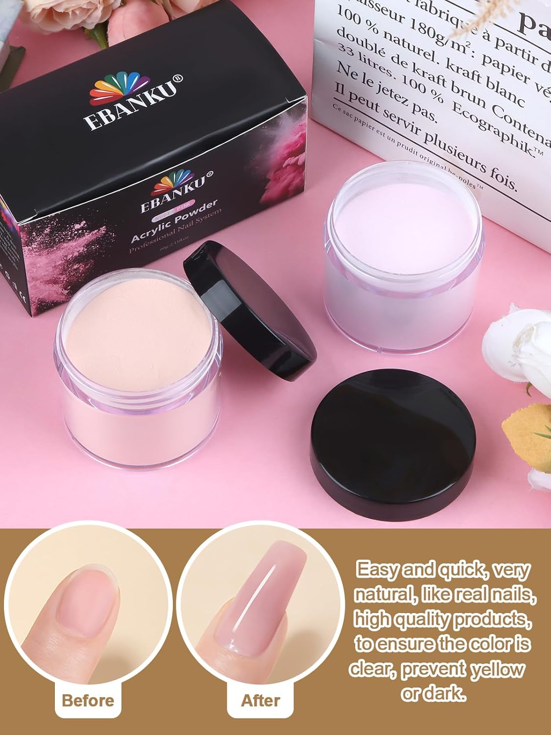 EBANKU Nude Pink Acrylic Powder, 2 * 60g/2.1oz Acrylic Powder Large Capacity Professional Acrylic