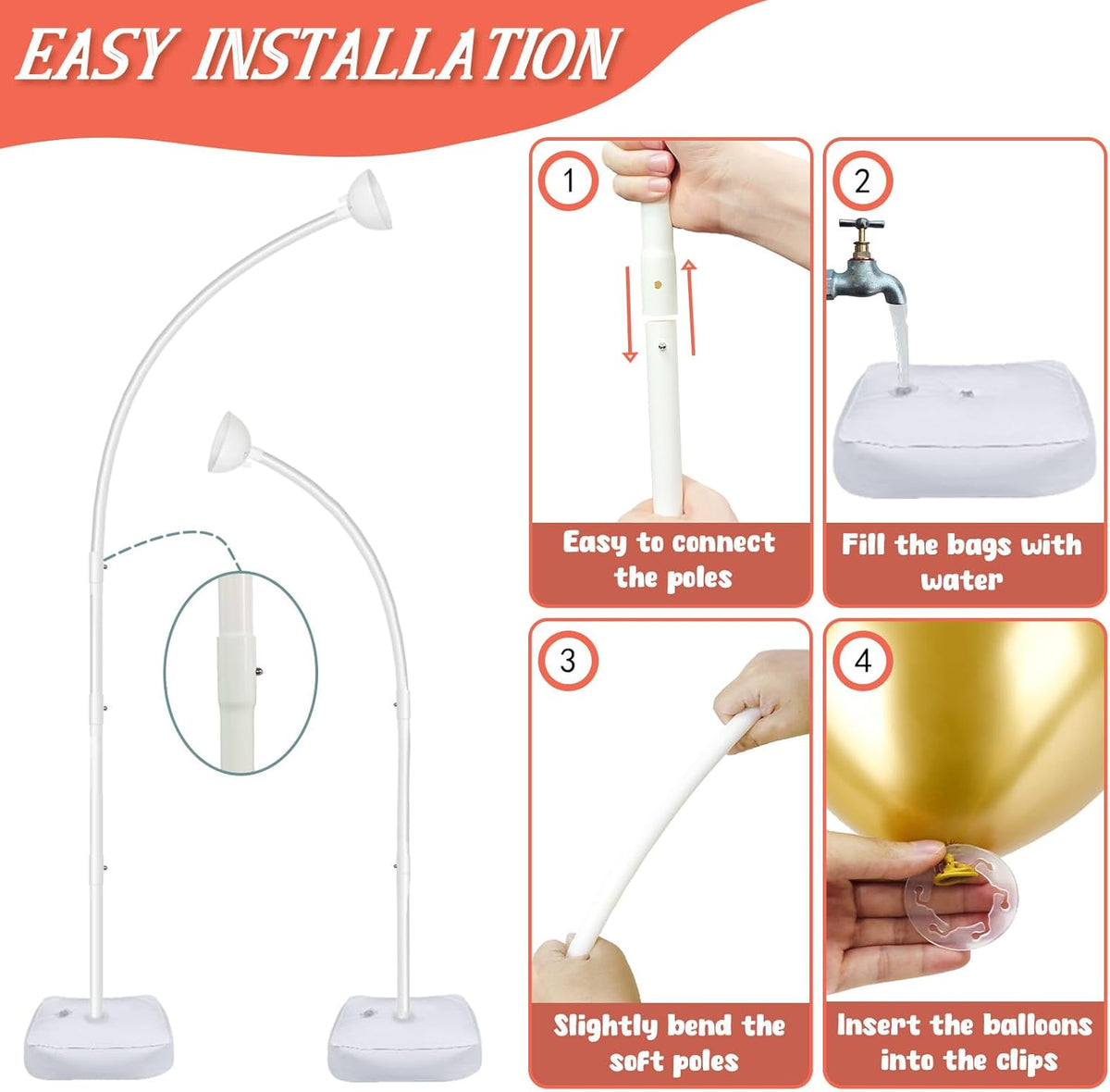 8FT & 6FT Balloon Arch Stand, Flexible Top Balloon Arch Kit, Half Arch Balloon Stand with Base for