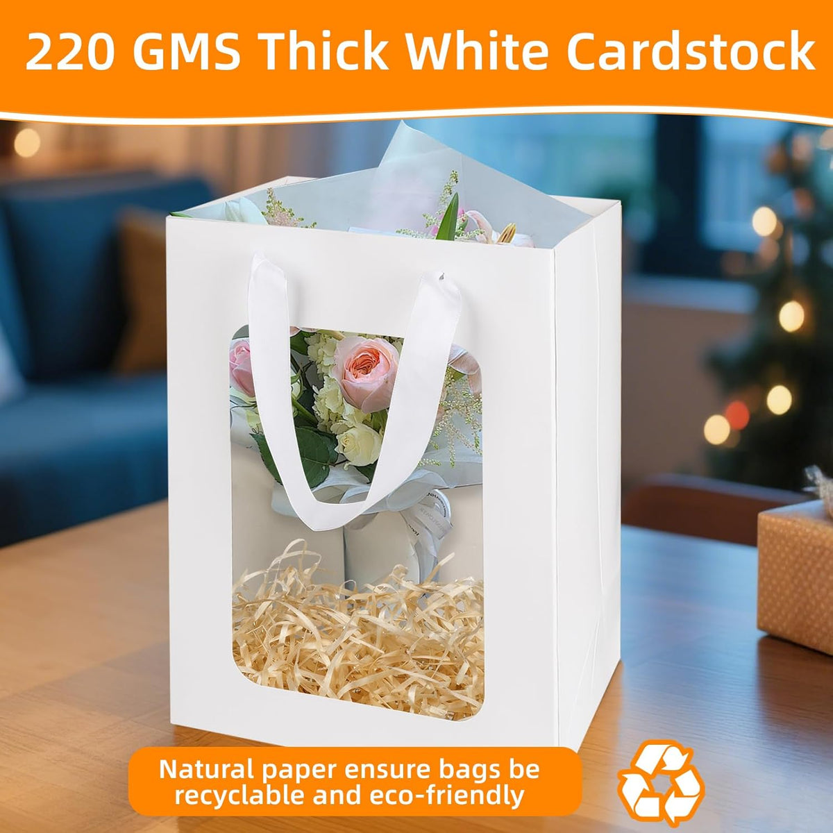 MOXARYSU 3 Pcs White Gift Bags with Clear Window: 9.8x5.1x7.1 Inch Medium Kraft Paper Bags with