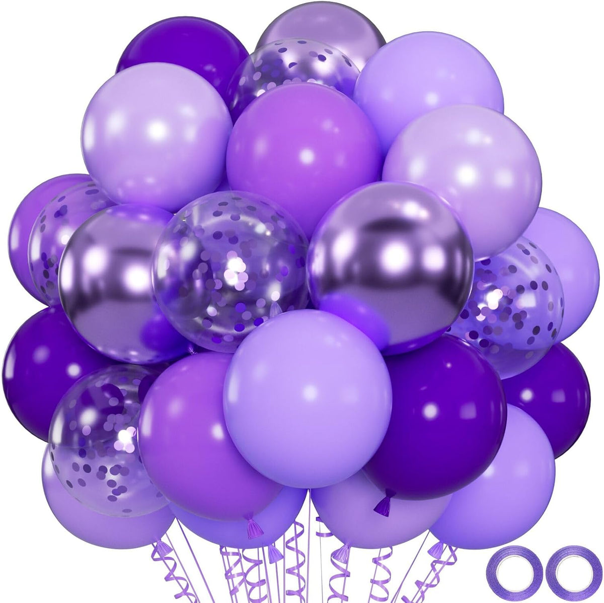 100pcs Purple Balloons - 12inch Metallic Chrome & Lavender Lilac Balloons with Confetti for