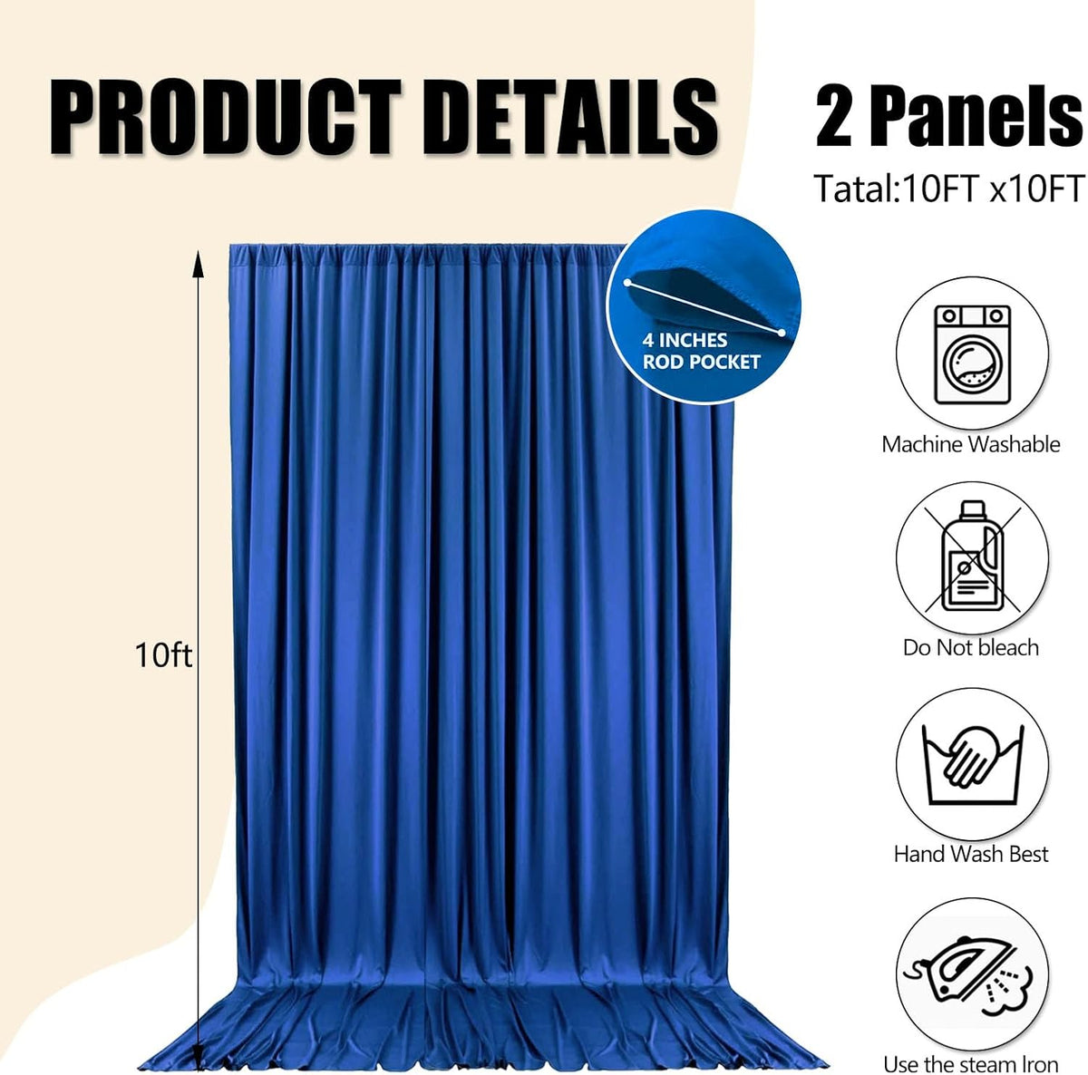 10ft x 10ft Royal Blue Backdrop Curtains for Parties, Fabric Satin Background Curtain with Rod