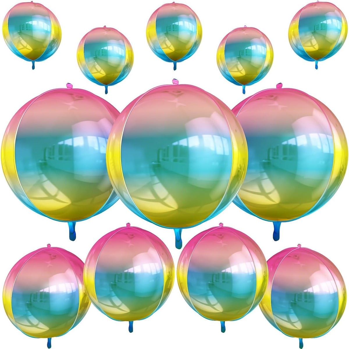 12Pcs Gradient Color Round Foil Balloons, 22" 15" 10" Rainbow Helium Ball Balloon, Metallic