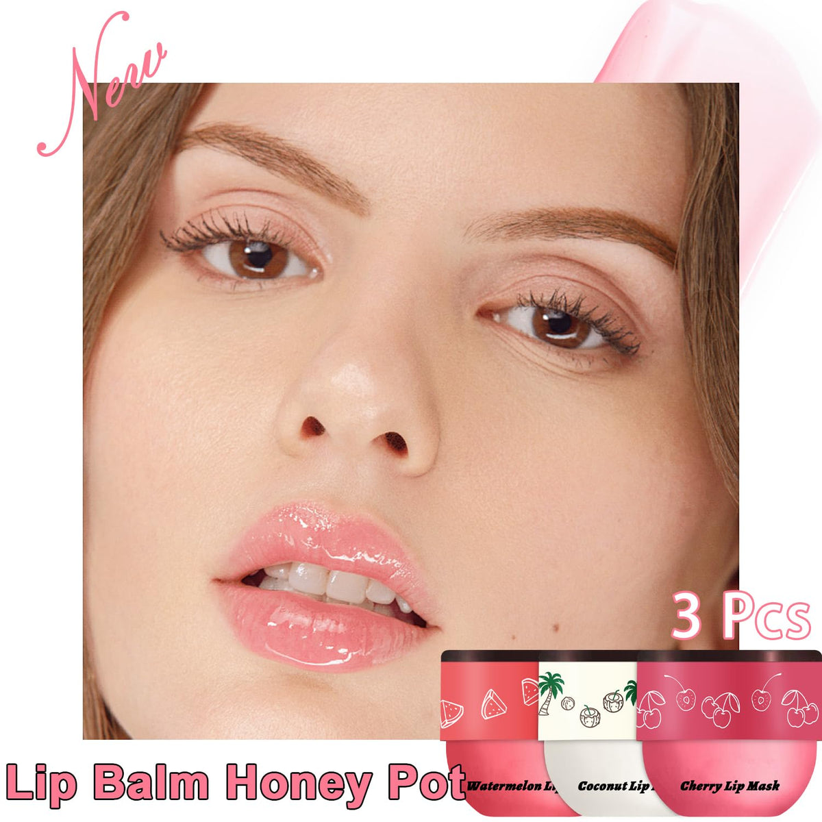3 PCS Bee Lip Balm Lip Mask Honey Pot, Watermelon & Cherry & Coconut Lip Mask Propolis Moisturizing