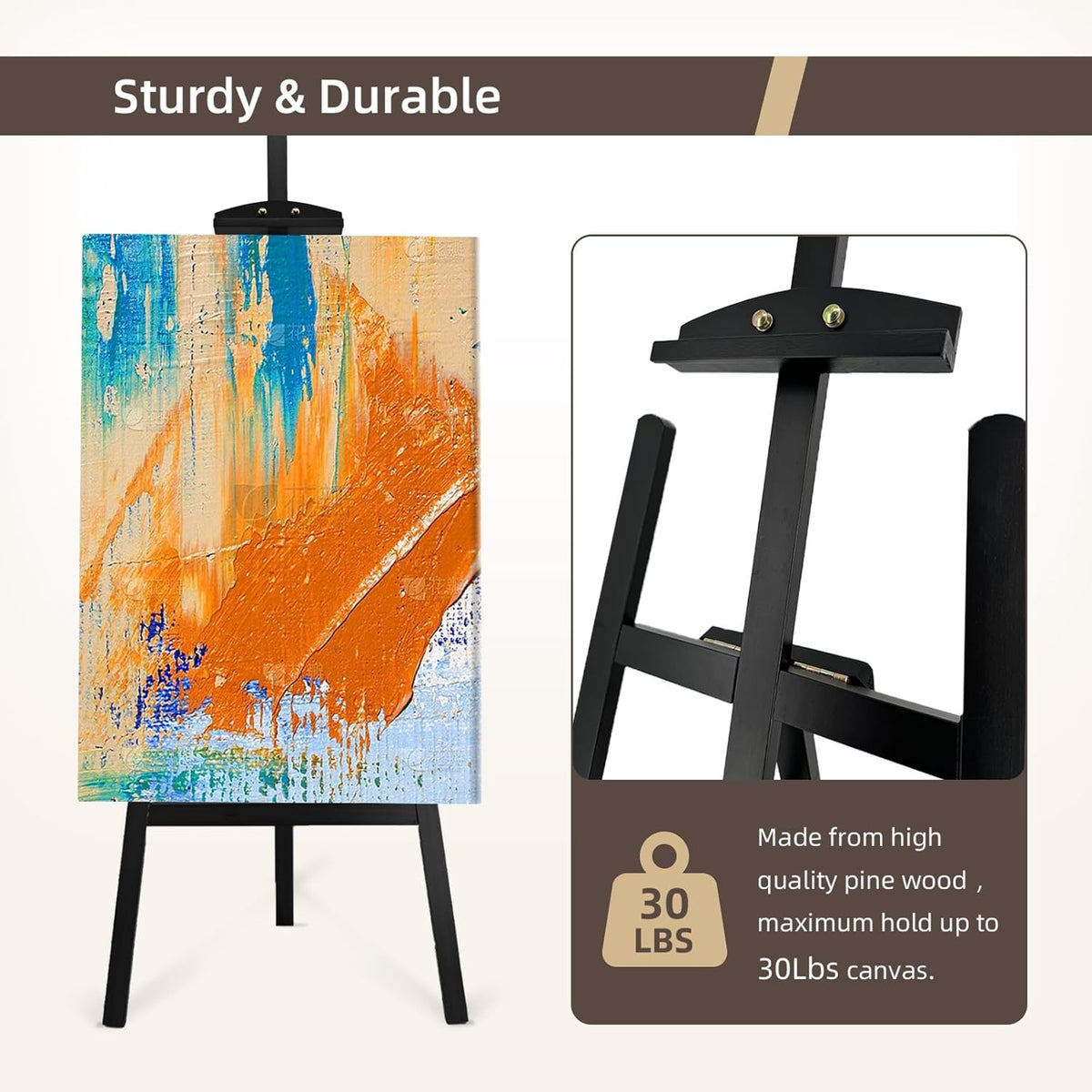 Adjustable Black Wooden Painting Easel, Pine Art Easel Stand Hold up to 43'', Painting Canvas for