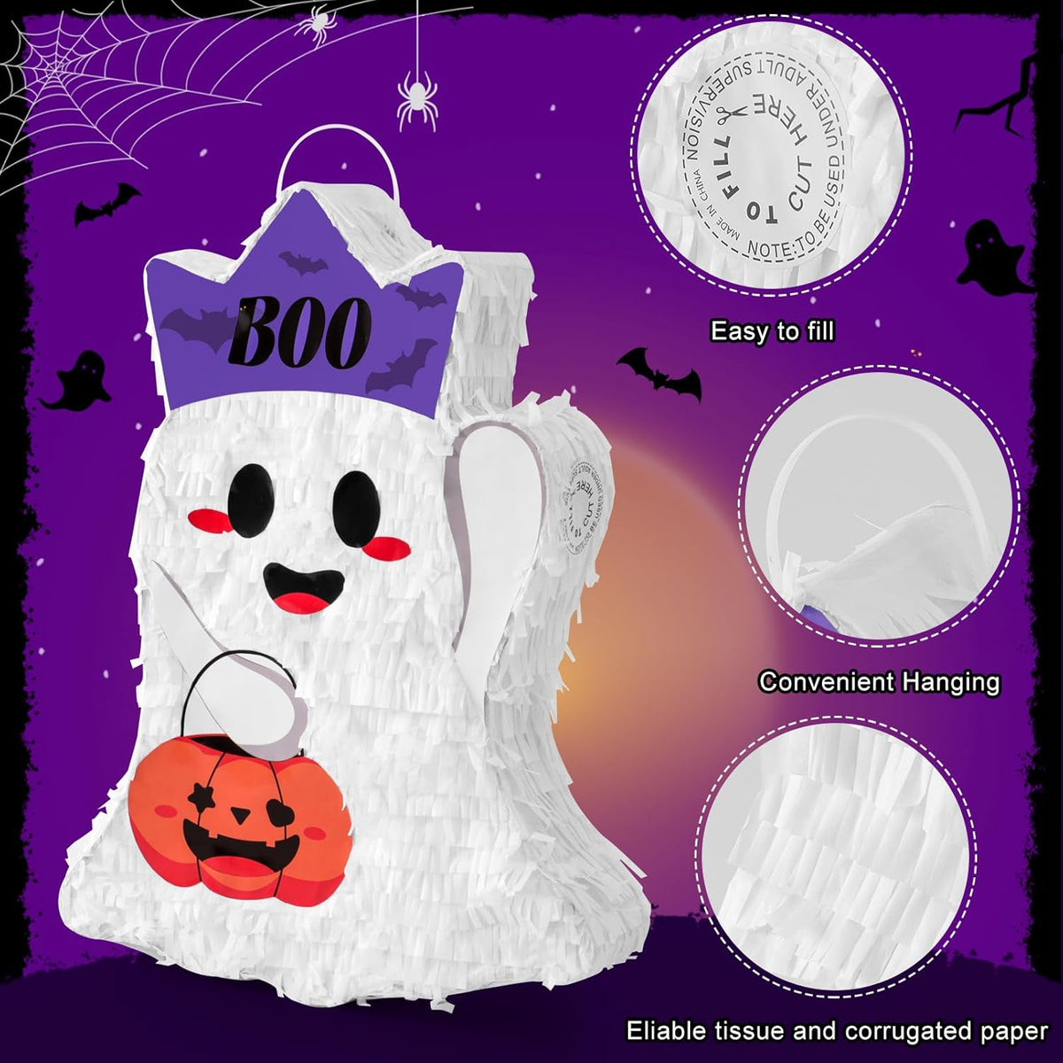 VINTS Halloween Piñata,Cute Ghost Piñata with Blindfold Stick,Pinata for Kids Birthday Party,Trick