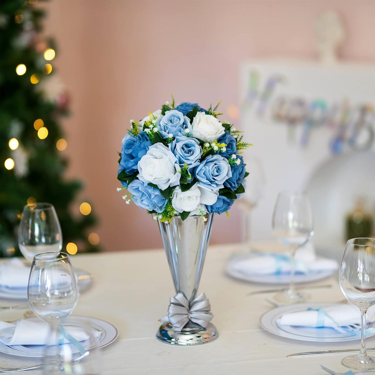 BLOSMON Flower Ball Centerpieces for Table 2 Pcs Fake Rose Centerpiece Flowers Dusty Blue