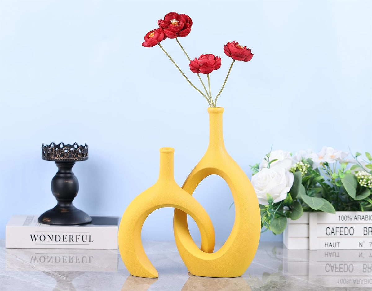 WUBIANJIE Yellow Ceramic Vase - Modern Boho Decor, Mustard Yellow, Round, Anti-Slip Base, Perfect