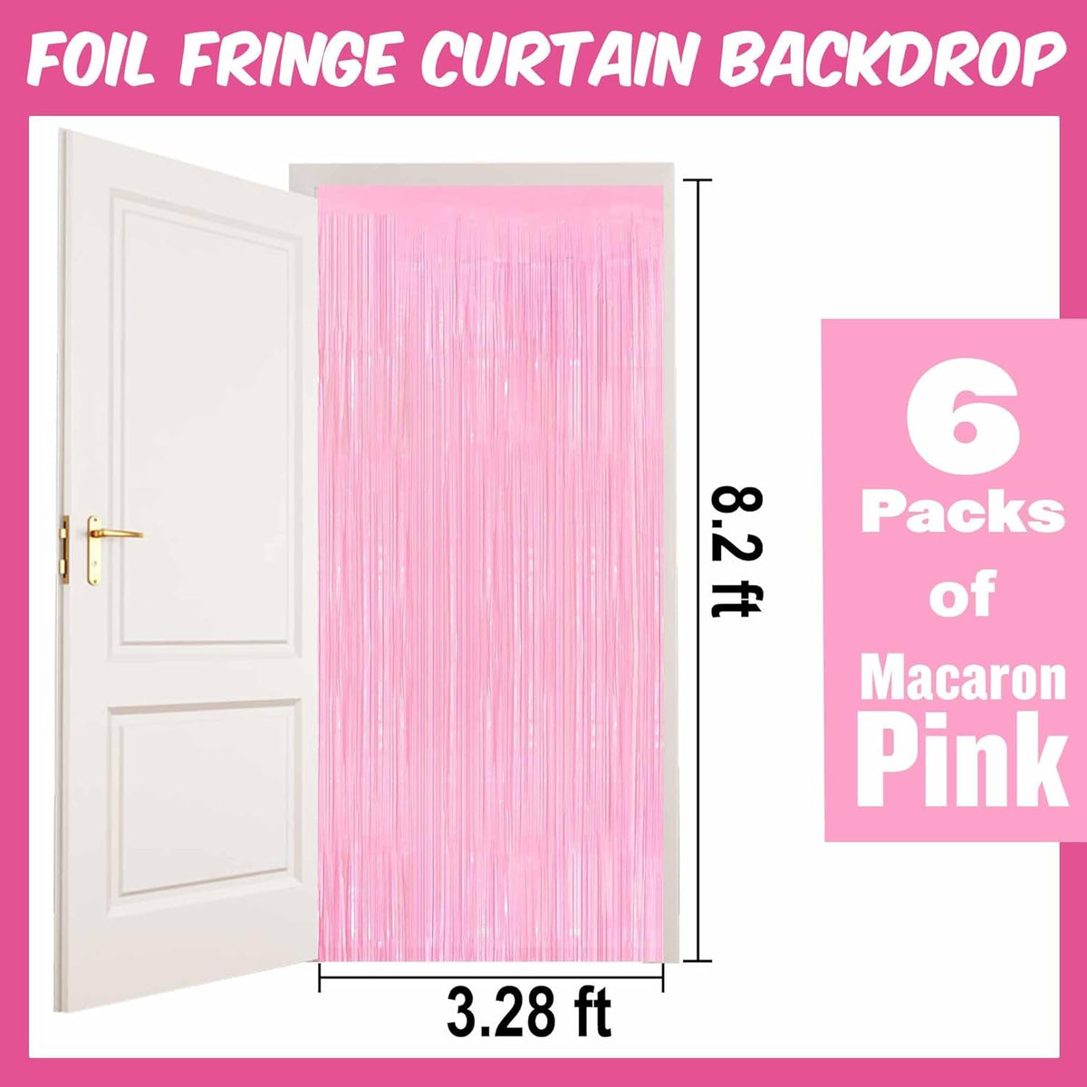 6 Pack Macaron Pink Foil Fringe Curtains Backdrop, 3.28 x 8.2 Ft Metallic Streamers Tinsel Curtains