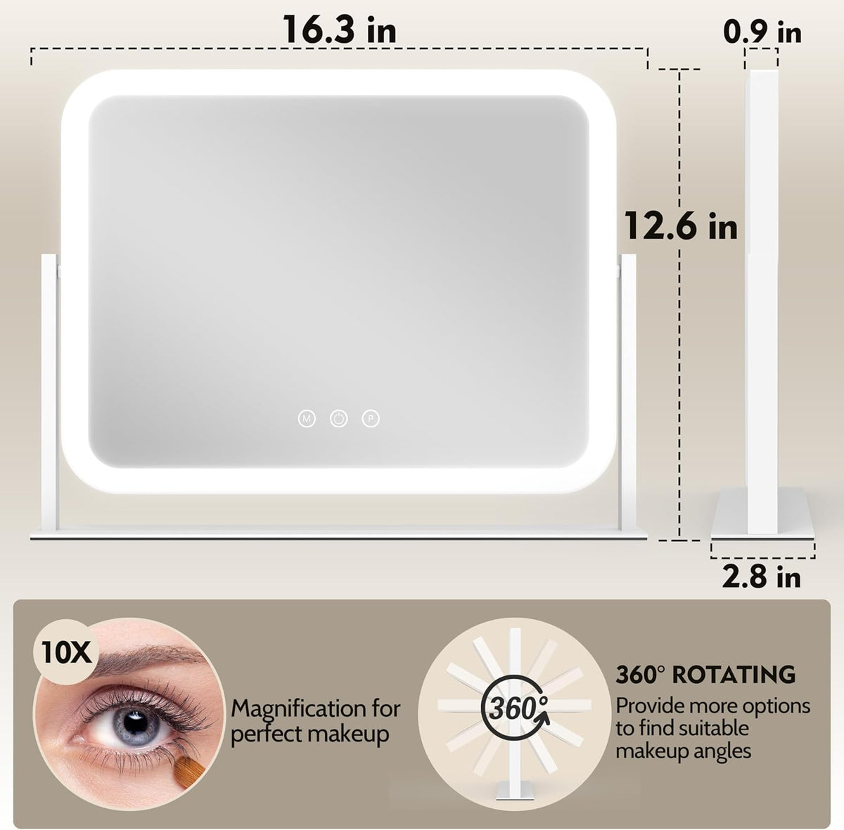 Lighted Makeup Mirror, 17"x13" Vanity Mirror with Lights and 10X Magnification, 3 Color Lighting