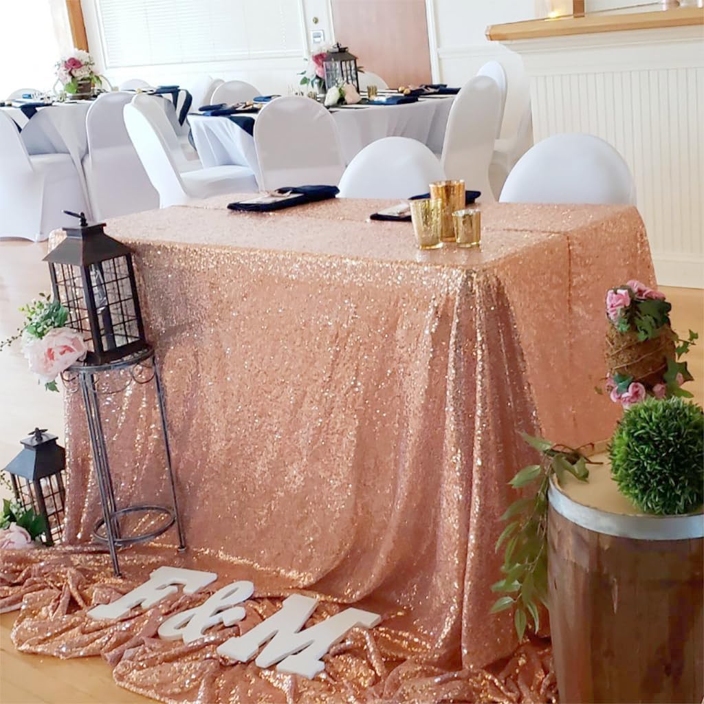 ShinyBeauty Rose Gold Table Cloths for Party 2 Packs, 72X72 Inch Sequin Tablecloths Square Glitter