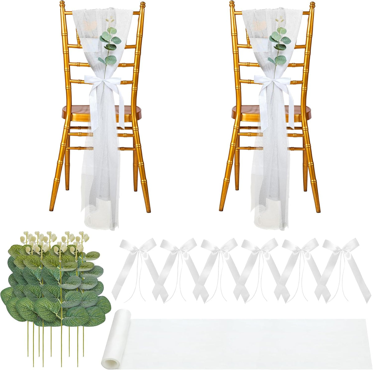 26 Sets of Wedding Aisle Decorations, White Tulle Chair Sashes with Bow Ribbons and Artificial