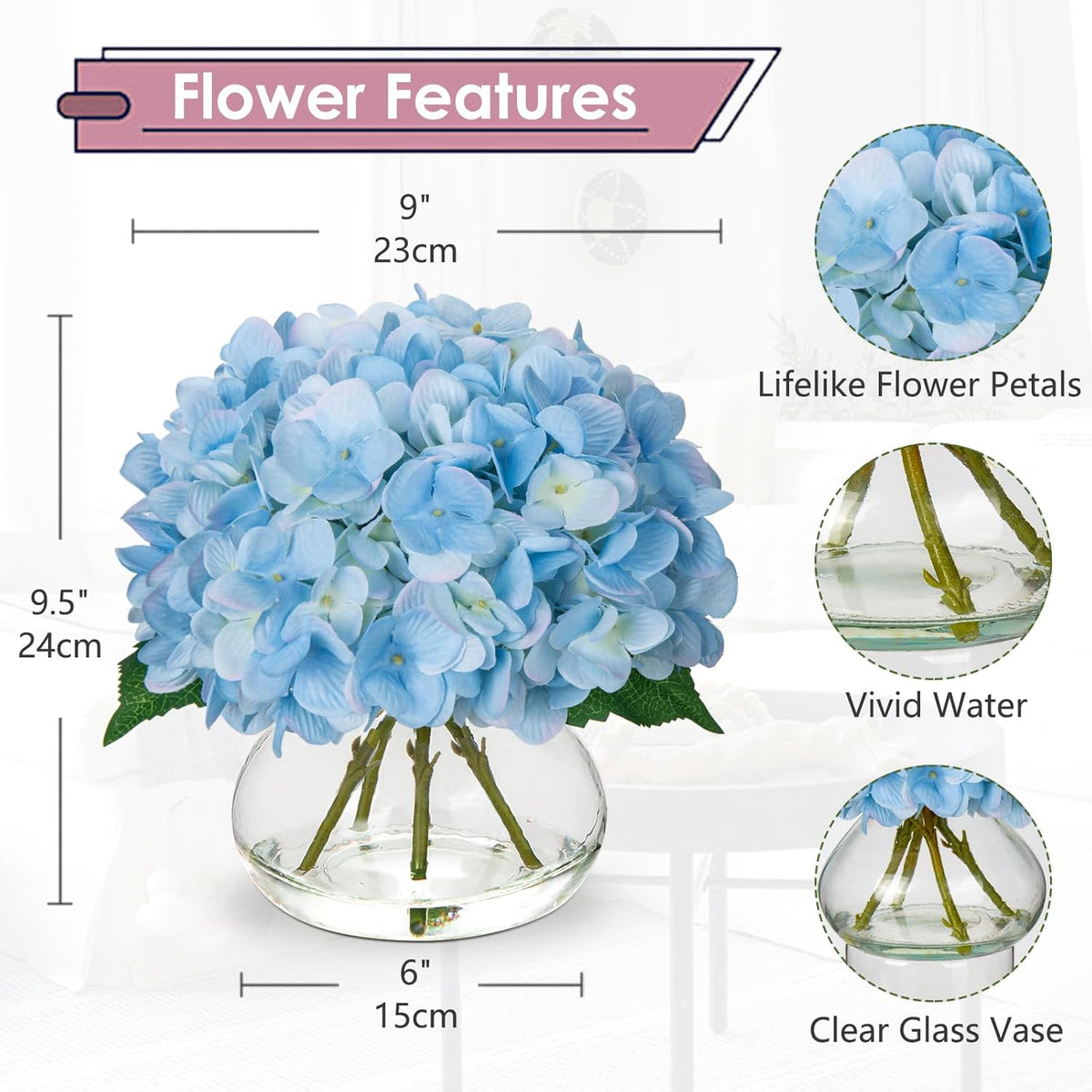Hollyone Hydrangea Artificial Flowers with Vase Blue Silk Fake Flowers Arrangements in Glass Vase